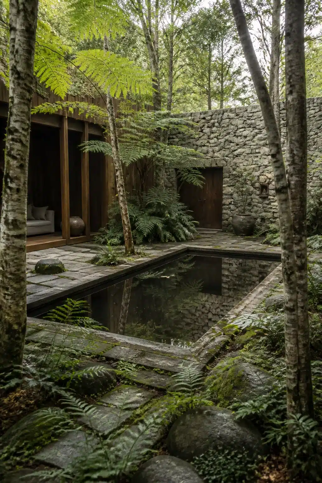 Dark still reflection pool with stone surround and ferns in a woodland courtyard garden