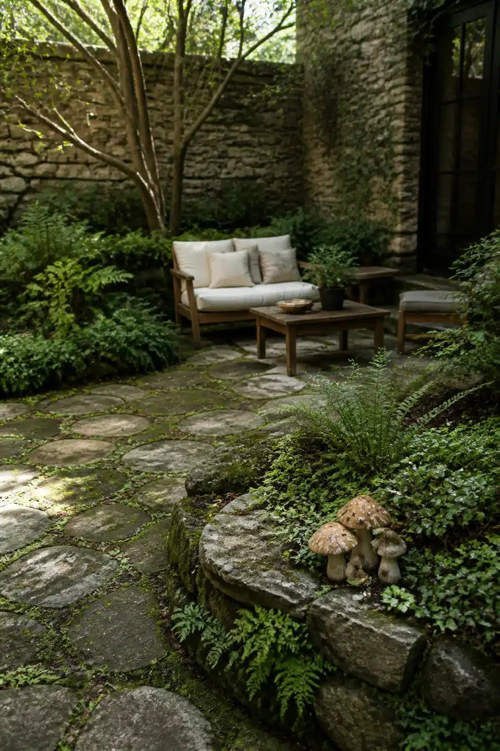 Ceramic mushroom tableaux in a mossy raised stone planter in a lush woodland courtyard garden with ferns and flagstone.