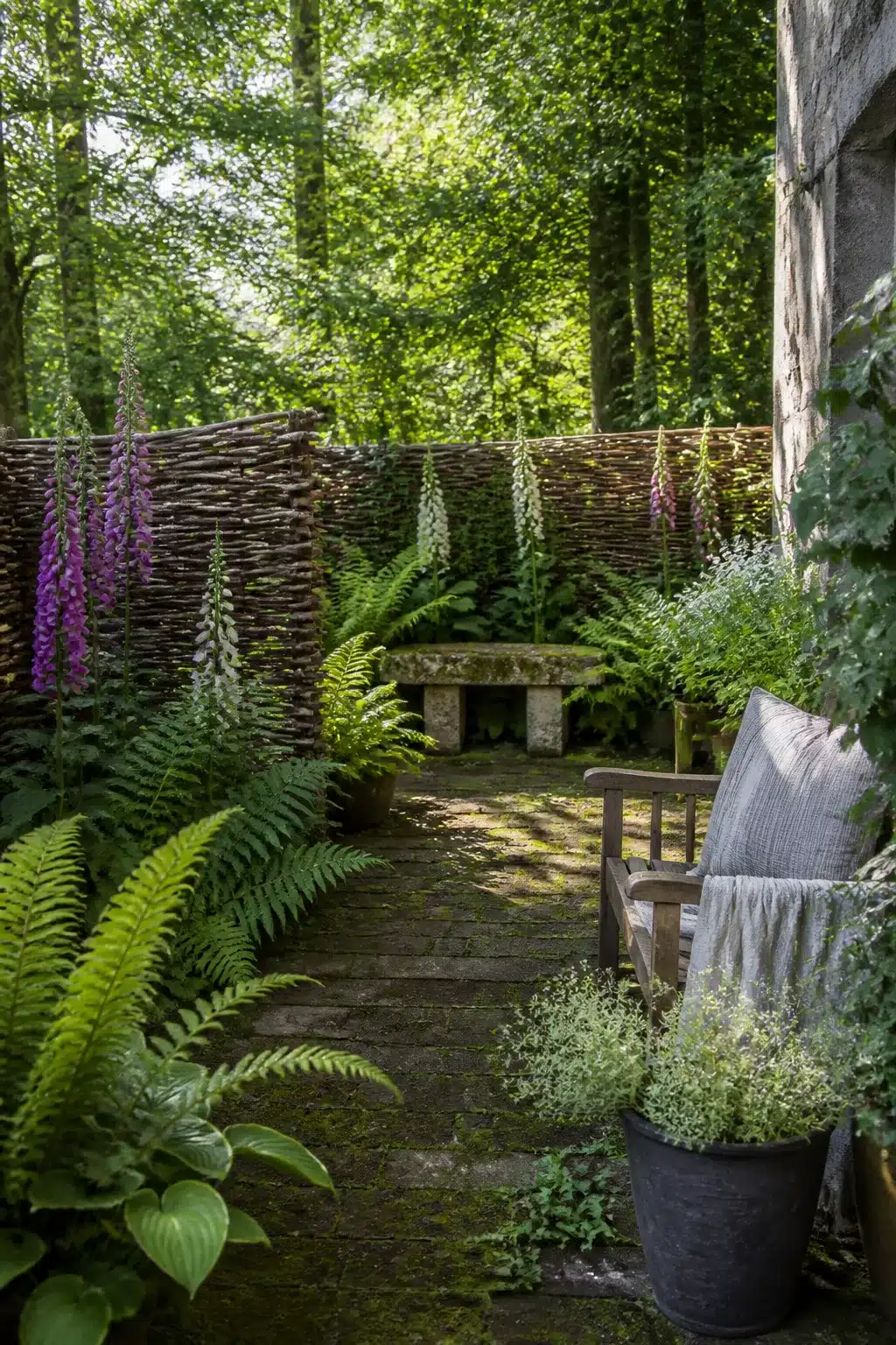 Woven hazel hurdle screens with foxgloves and ferns in a shaded woodland courtyard garden setting