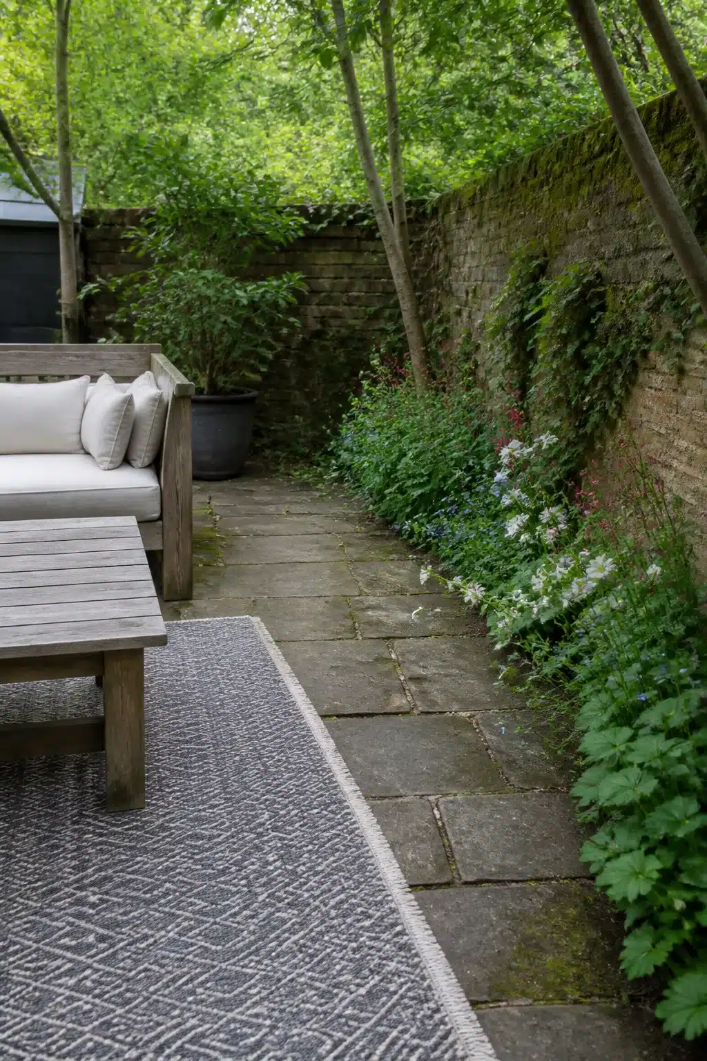 Wildflower border strip along aged flagstone path in a shaded woodland courtyard garden with brick walls