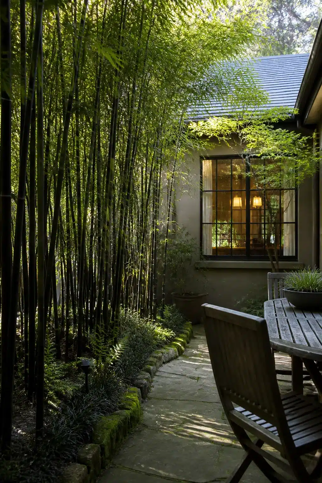 Tall bamboo privacy screen in a woodland courtyard garden with stone-edged fern border and flagstone path.