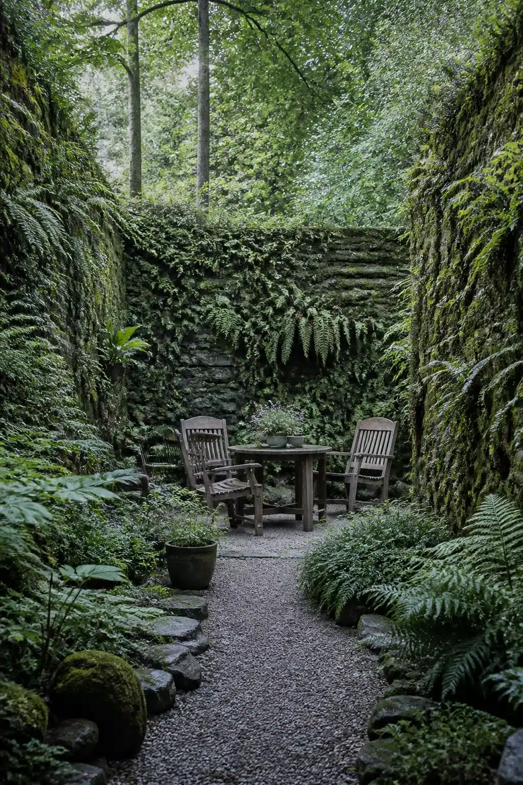 Ivy and fern-covered stone walls with gravel path and wood seating in a woodland courtyard garden.