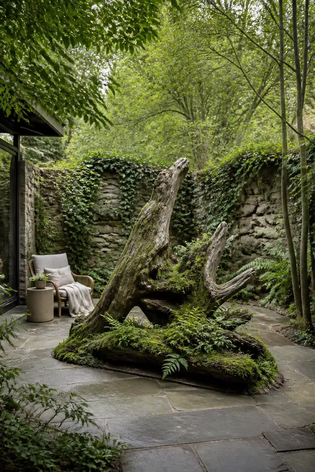 Moss-covered dead wood sculpture with ferns and flagstone paving in a woodland courtyard garden