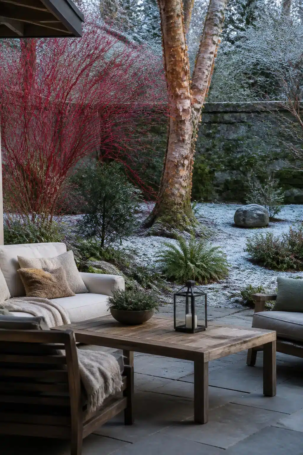 Red dogwood stems and teak seating in a snow-dusted woodland courtyard garden with birch trees