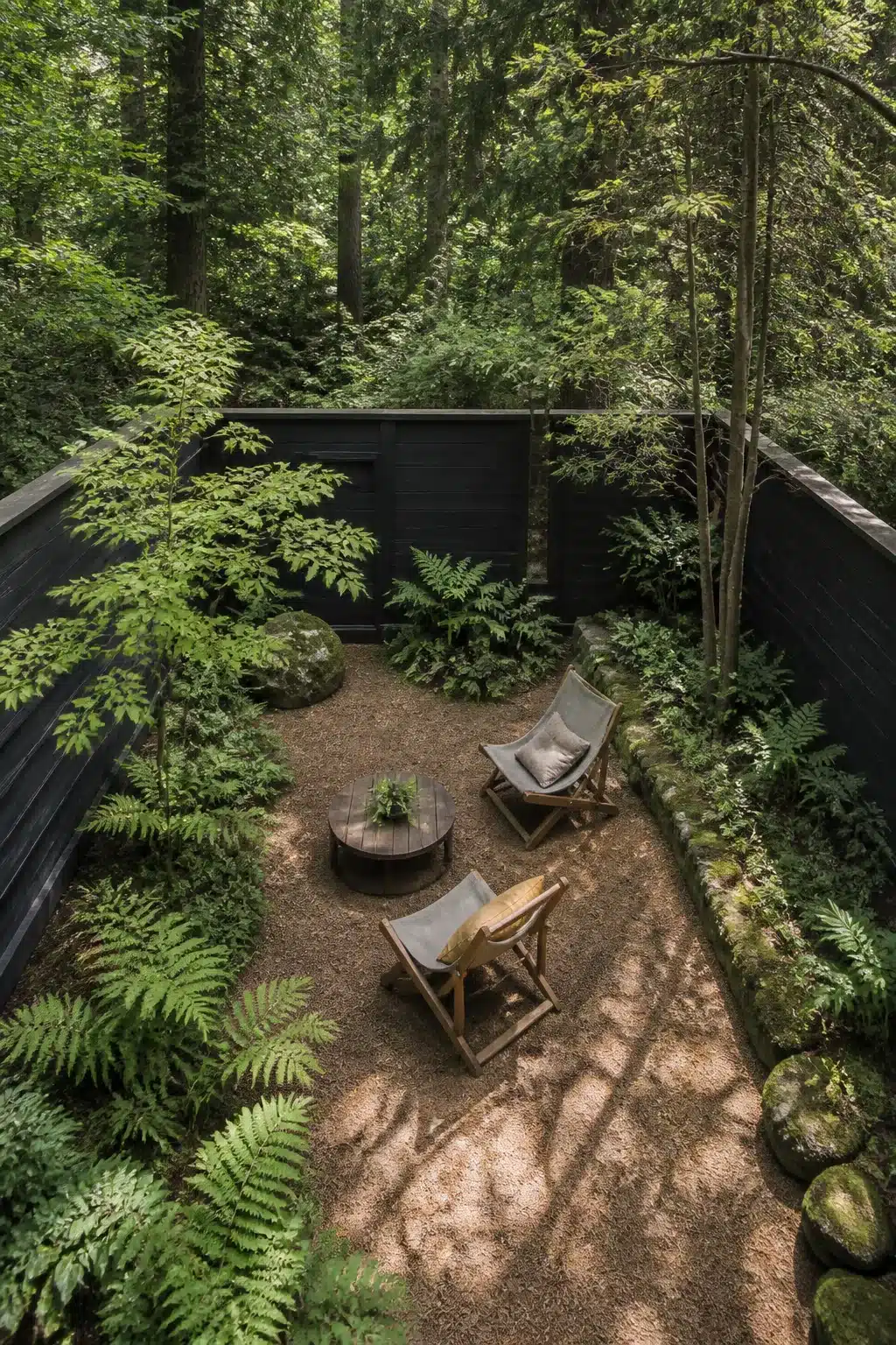 Pine needle gravel floor with canvas chairs in a black-fenced woodland courtyard garden surrounded by ferns
