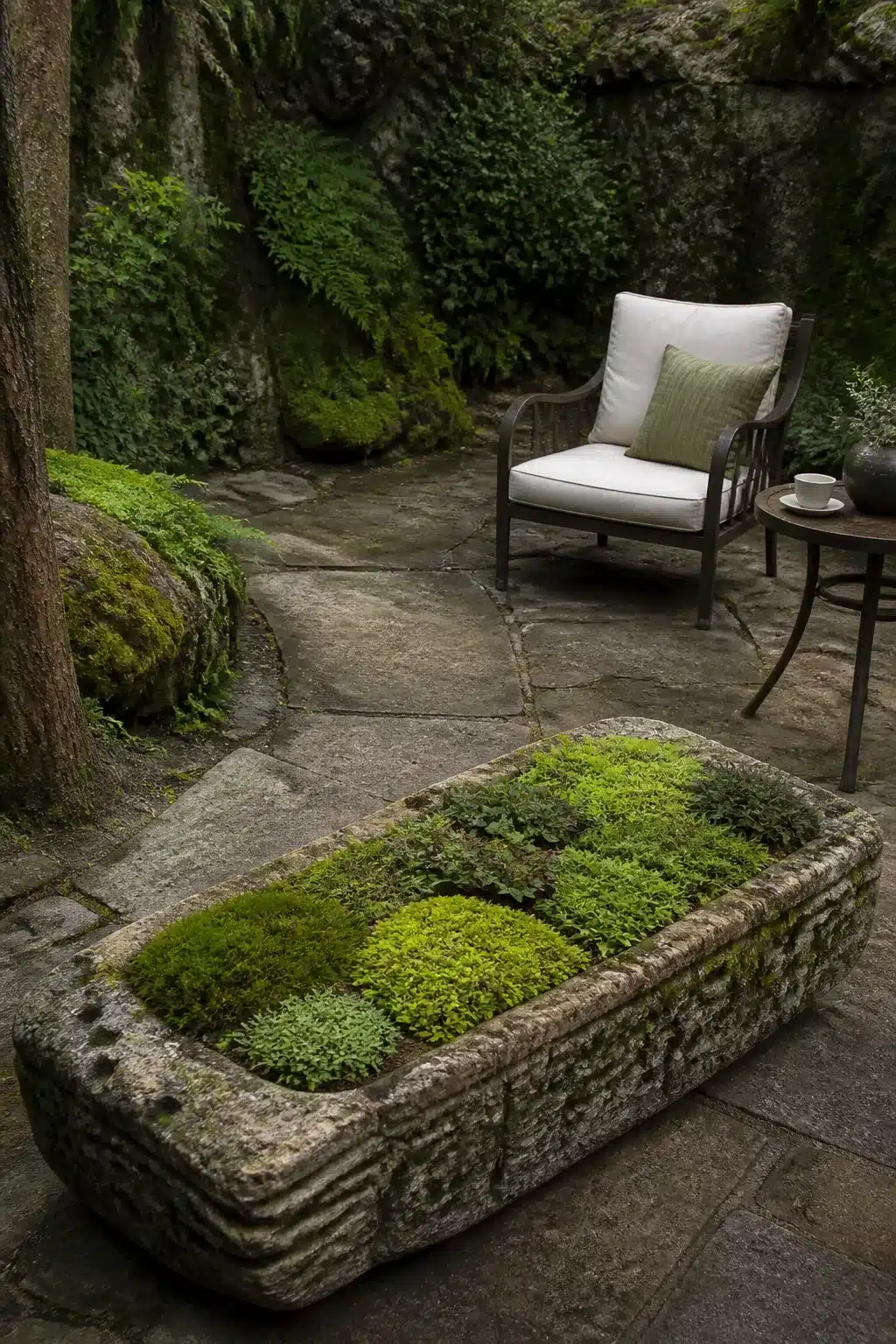 Stone trough planted with moss varieties on flagstone patio in a woodland courtyard garden with ivy-covered rock walls.