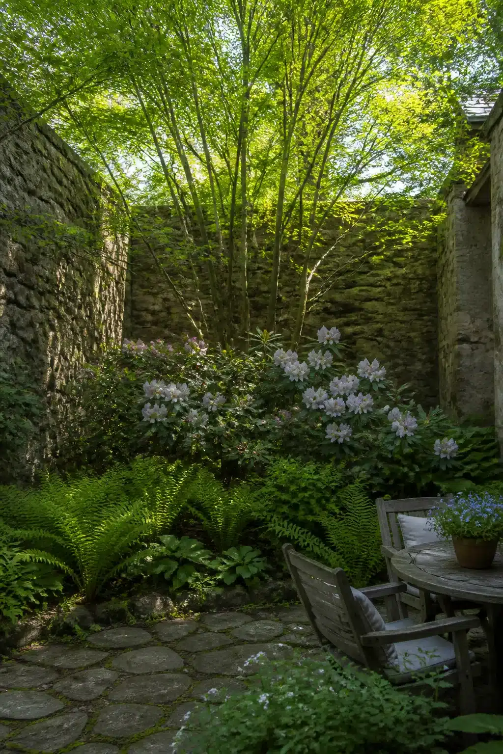 Woodland courtyard garden with rhododendron understorey, ferns, stone walls, and a canopy tree filtering dappled light.