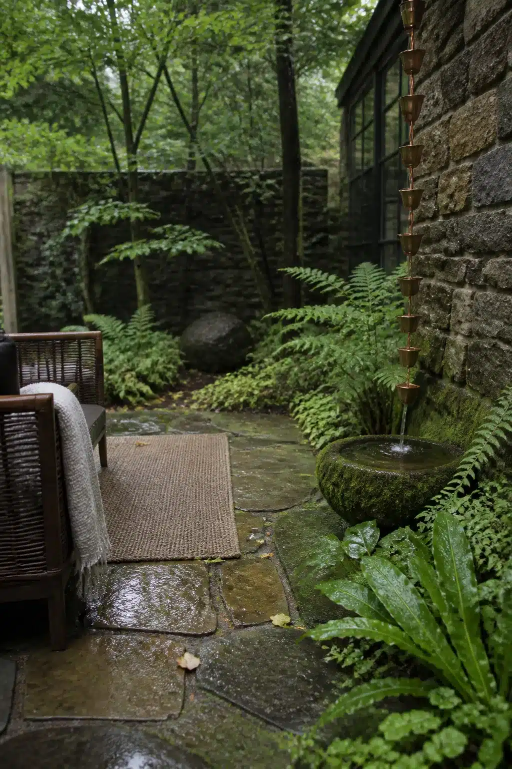 Copper rain chain feeding a moss-covered stone basin in a woodland courtyard garden with ferns and flagstone.