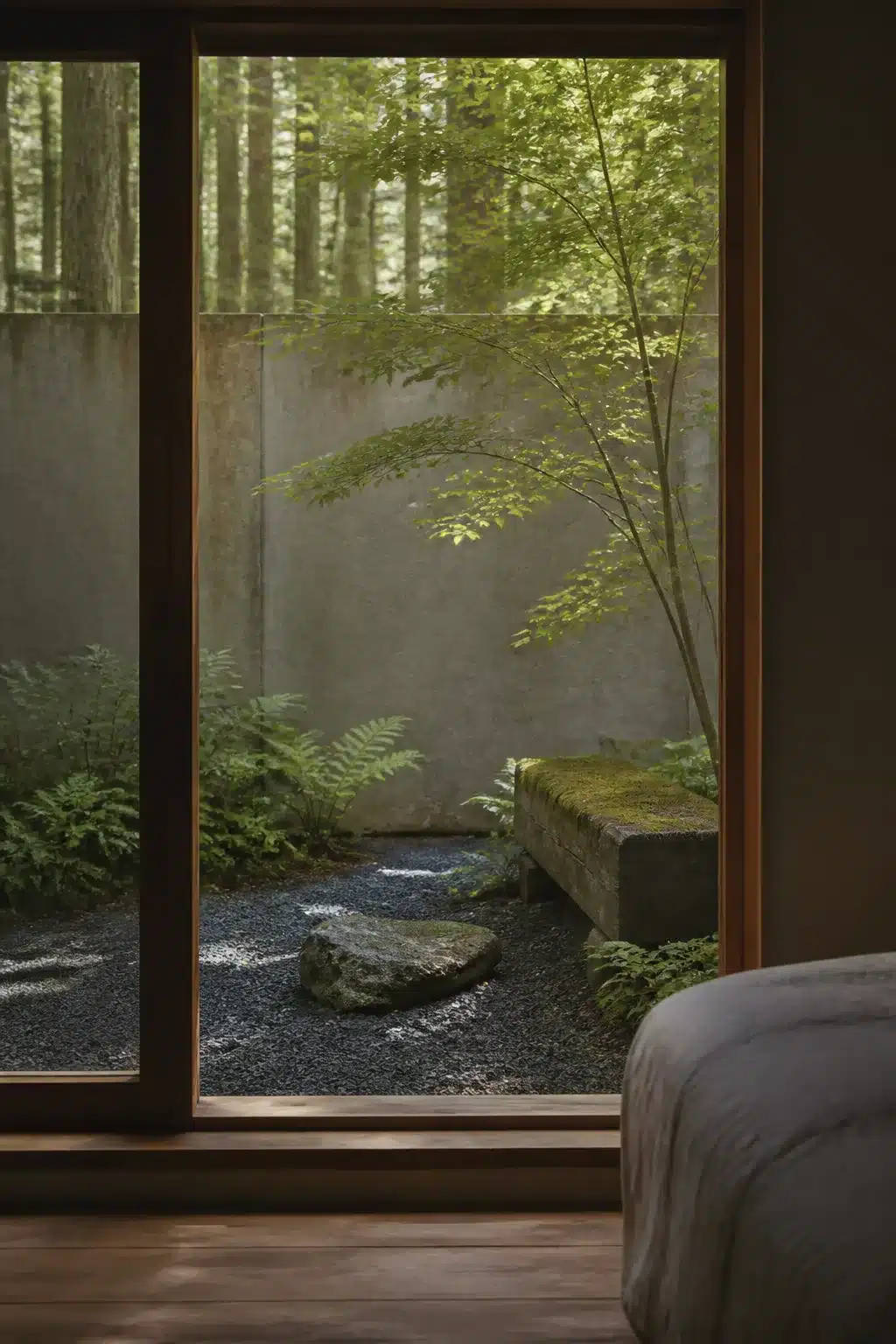 Minimalist Zen woodland courtyard garden with dark gravel, concrete bench, ferns, and a slender tree framed by a large window.