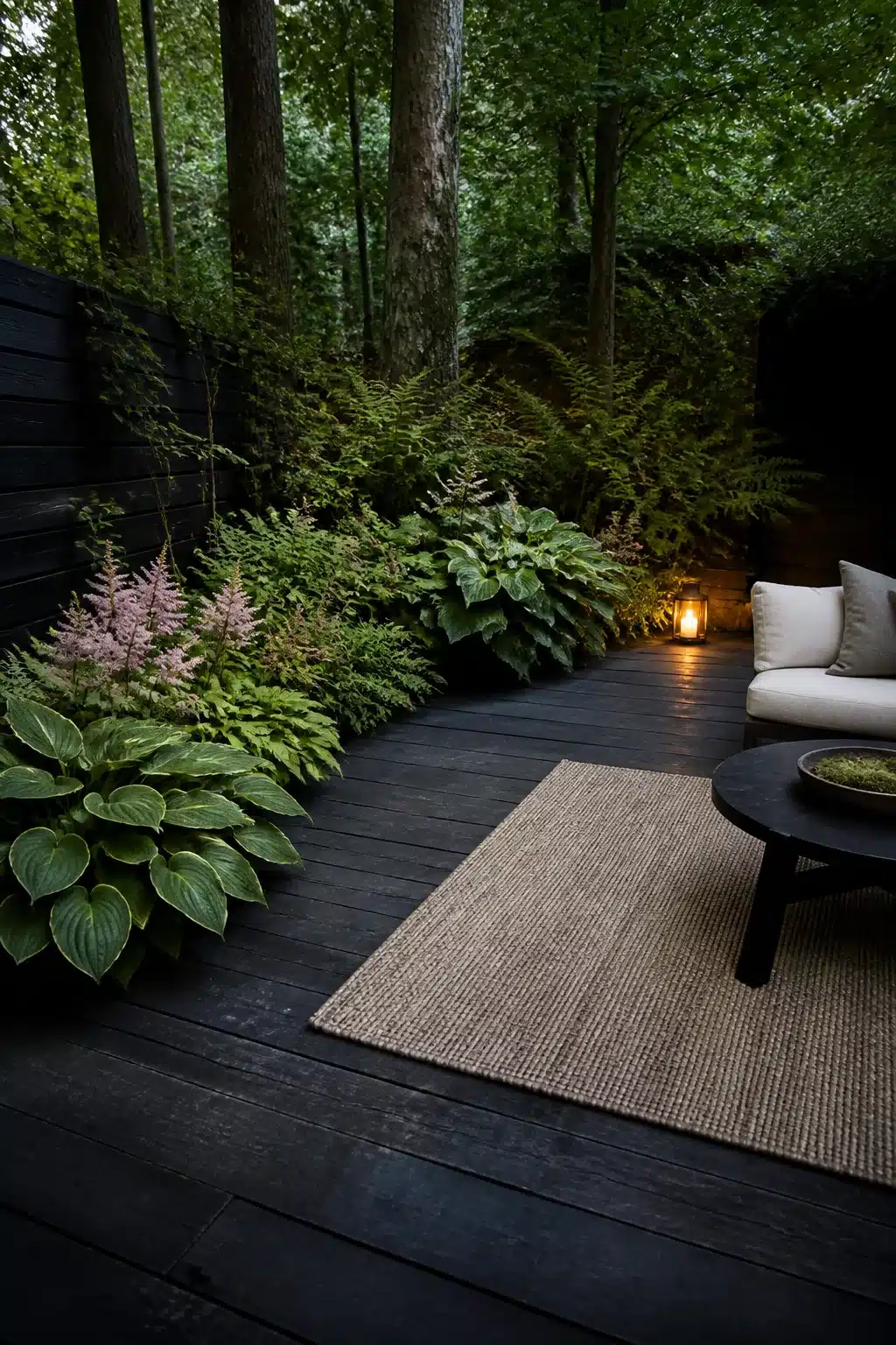 Black timber decking with shade planting of hostas and ferns in a woodland courtyard garden at dusk