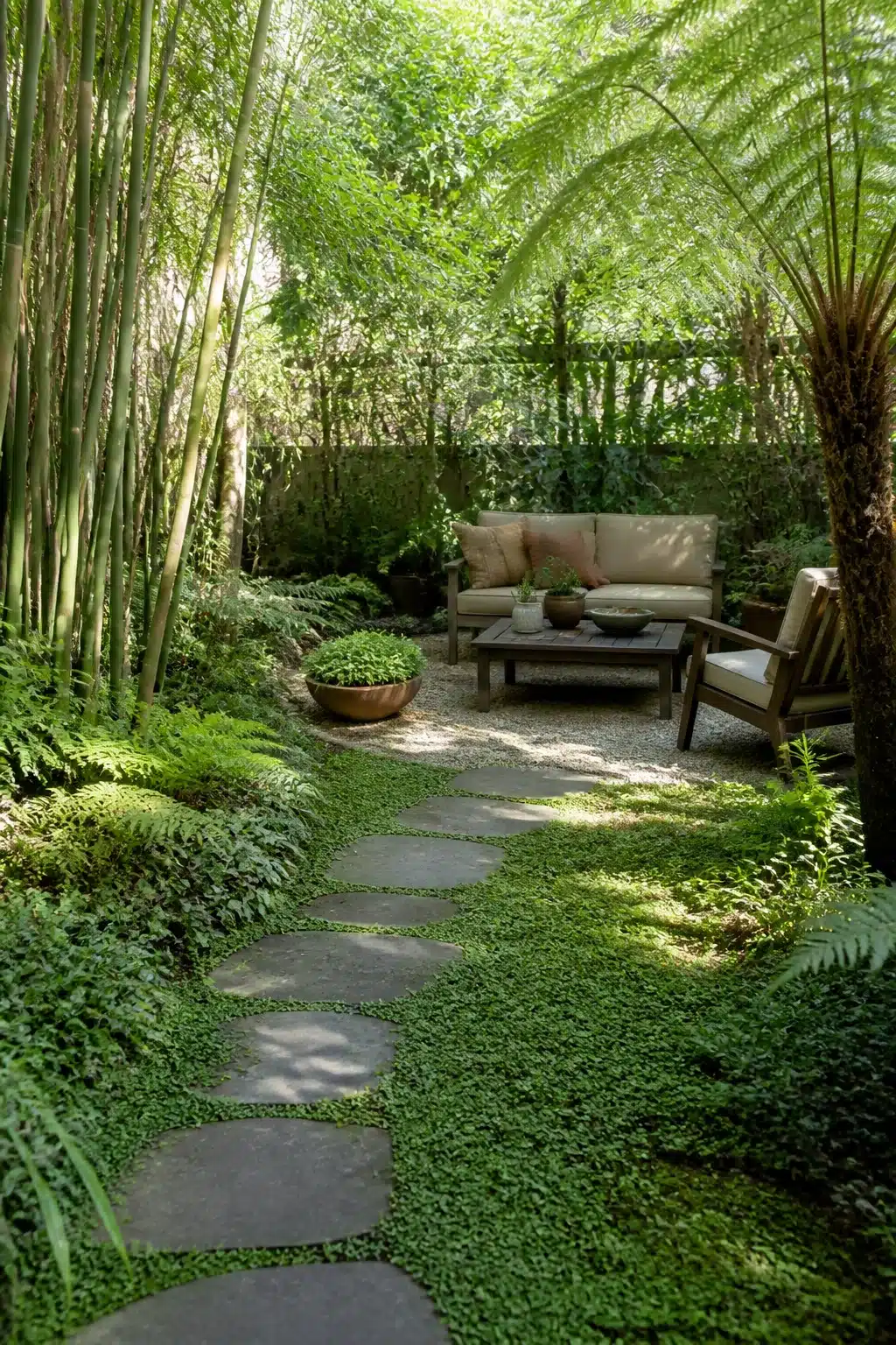 Stepping stones through dense ground cover leading to a shaded woodland courtyard garden seating area with bamboo and ferns.