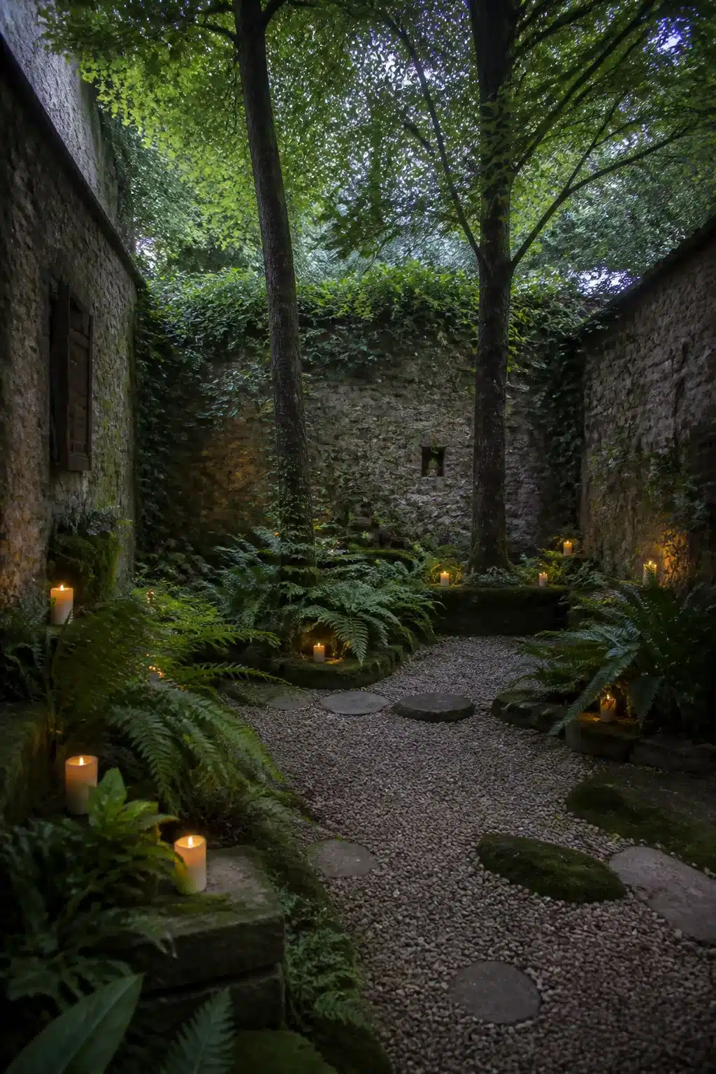 Candlelit woodland courtyard garden with gravel floor, ferns, and stone walls at dusk — woodland courtyard garden idea