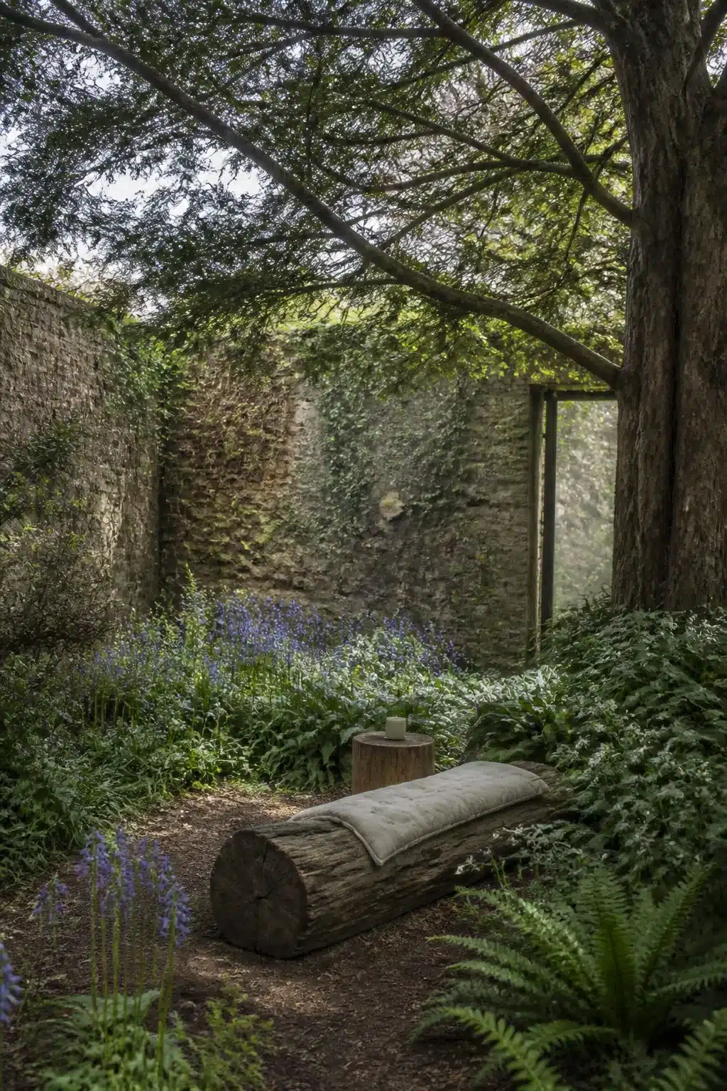 Hollowed log bench with cushion pad among ferns and bluebells in a walled woodland courtyard garden