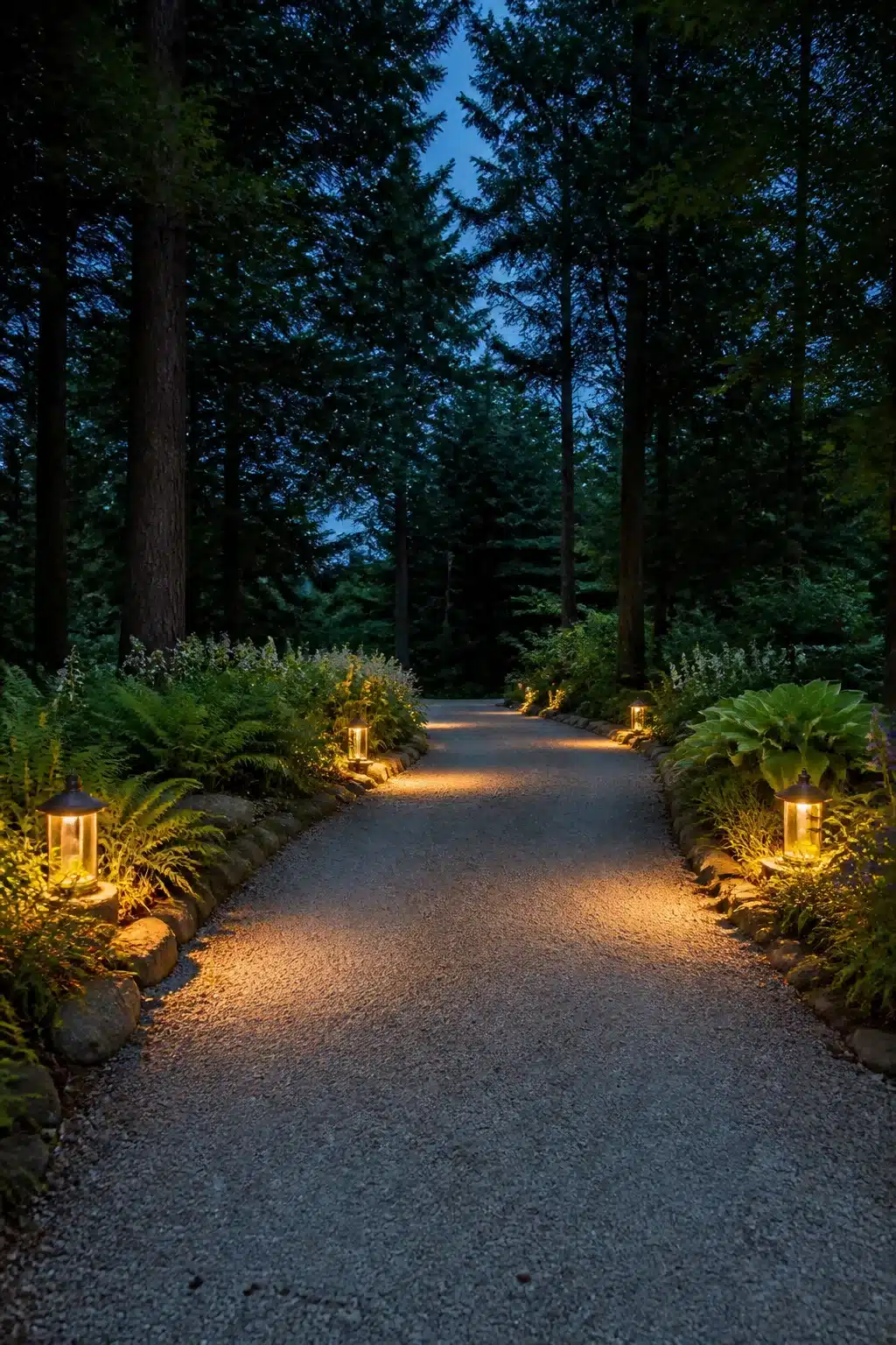 Woodland garden driveway at night with gravel path, low lanterns, ferns, and shade planting along forested borders.