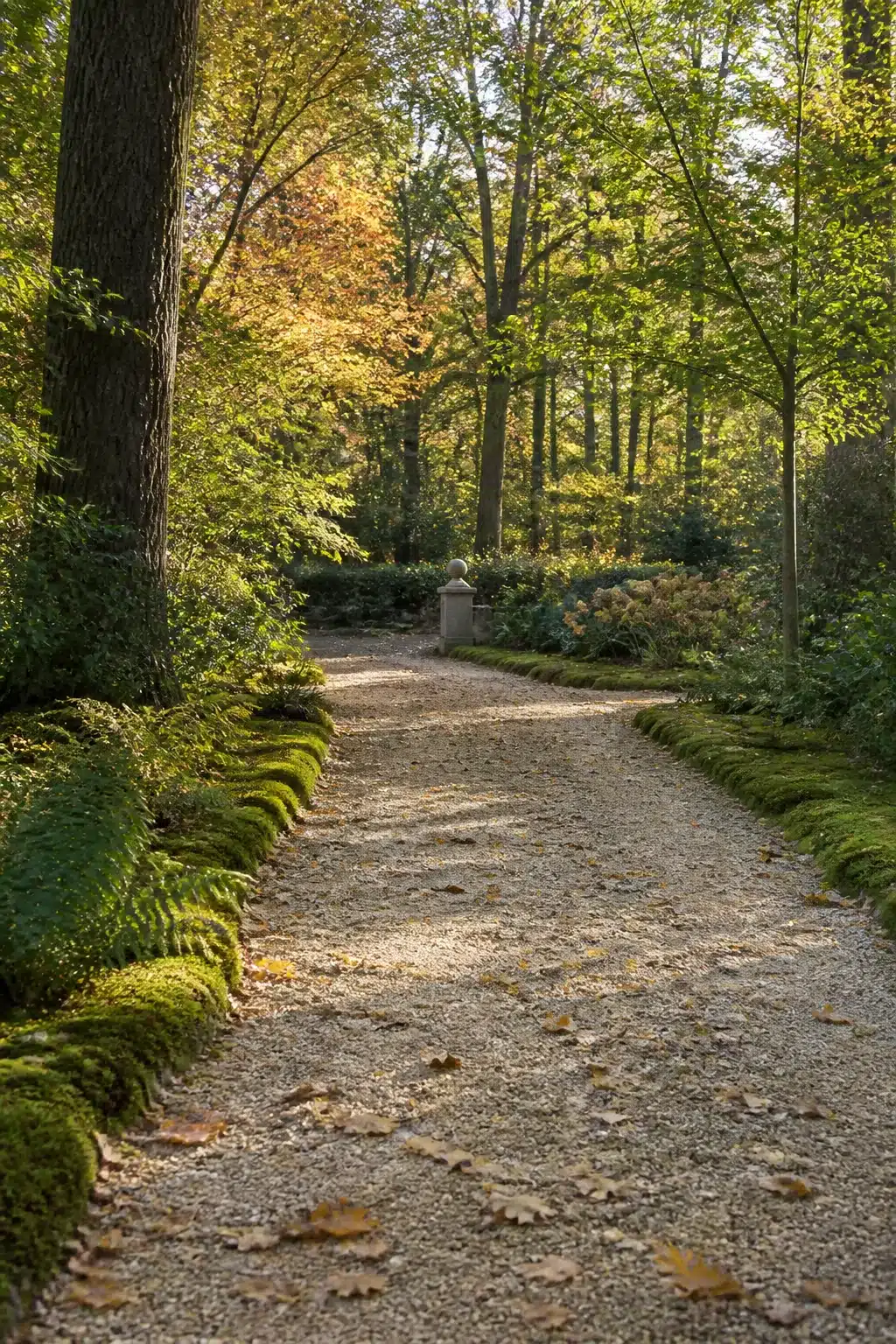 Moss-edged gravel woodland garden driveway with ferns, stone finial, and autumn tree canopy