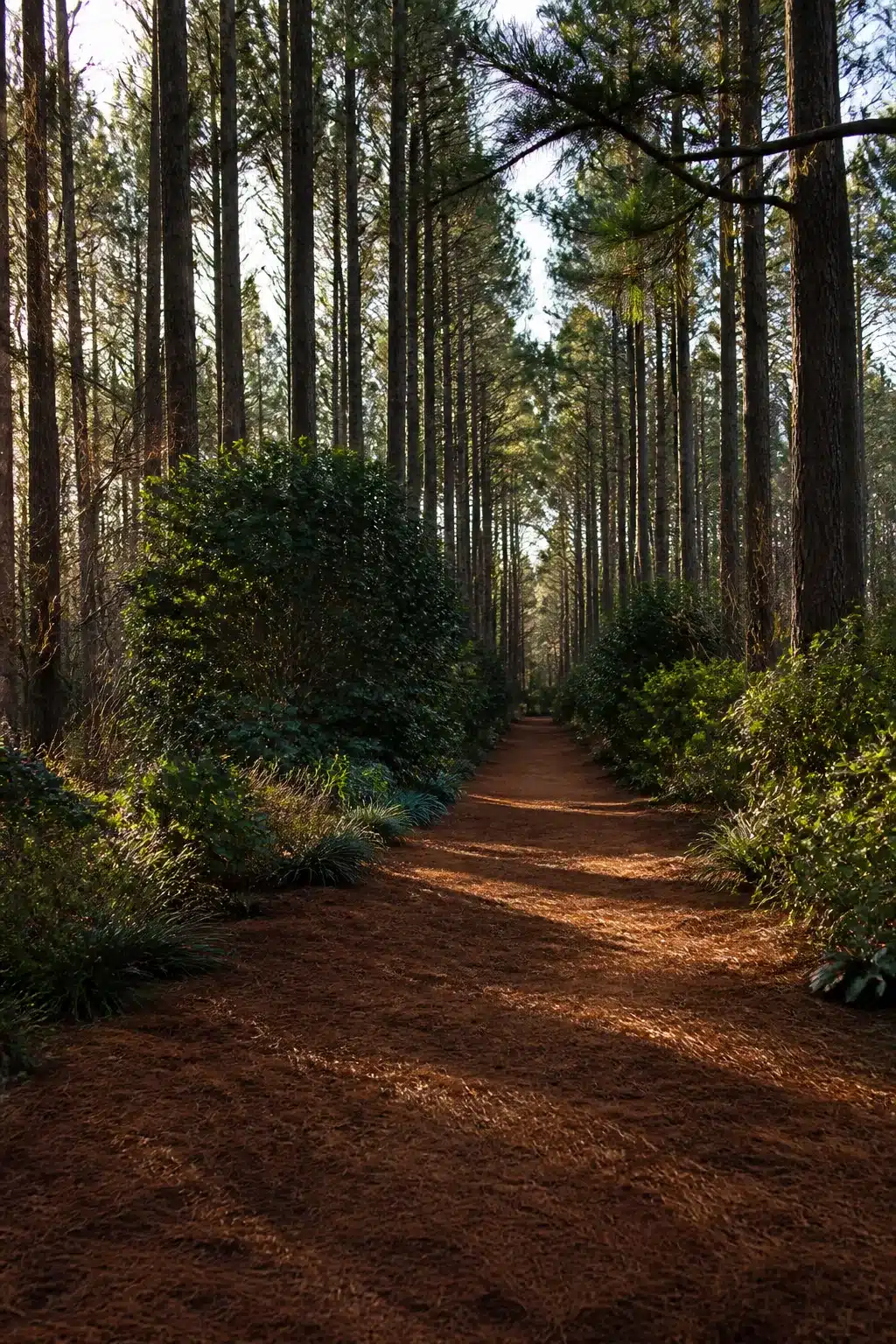 Pine needle carpet path through tall pine woodland garden driveway with natural shrub planting on both sides.