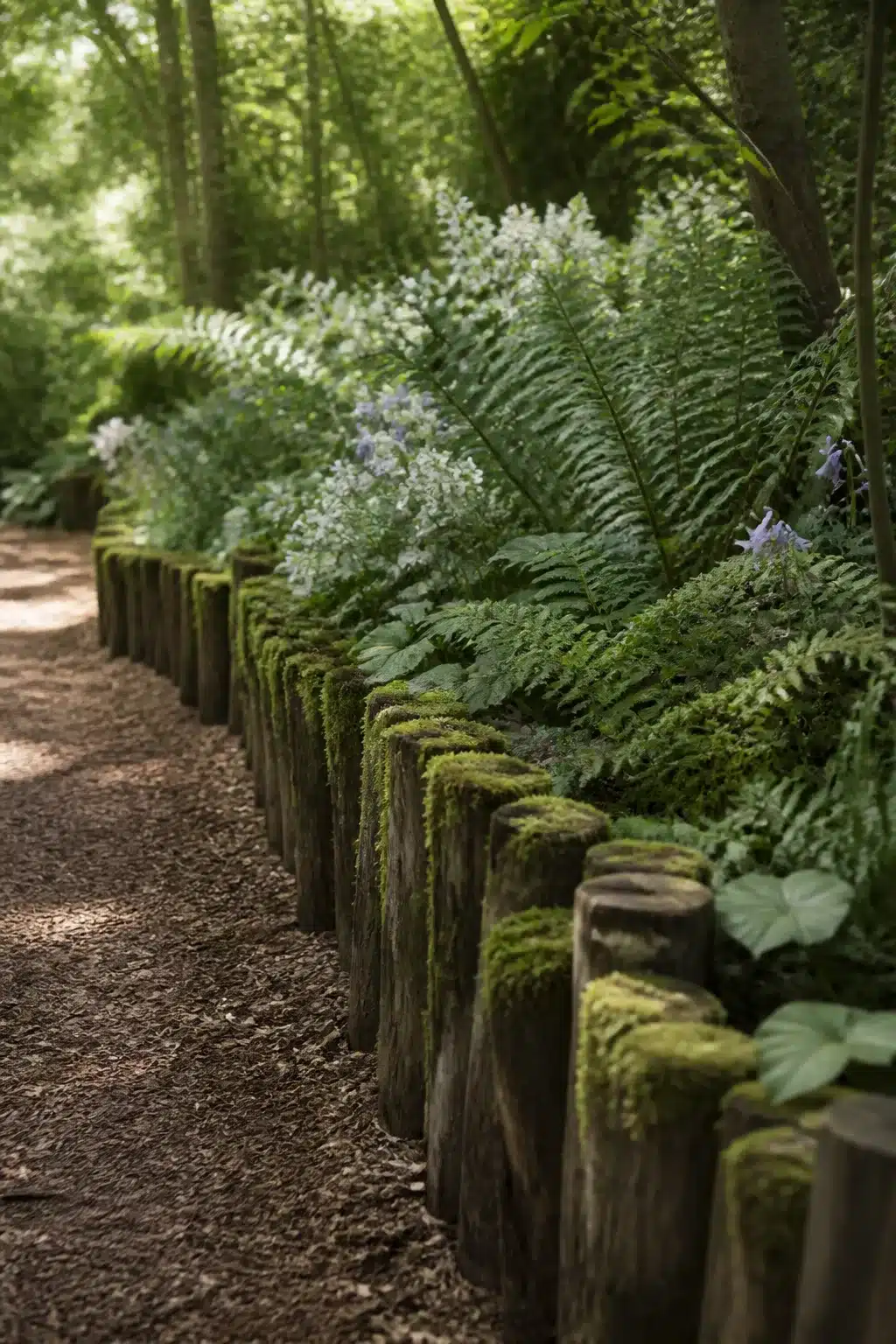 Moss-covered upright log post edging lining a wood chip path — woodland garden edging ideas using natural materials