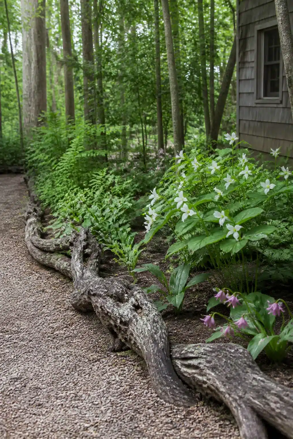 Twisted root log edging a woodland garden gravel path with trillium and ferns — natural Woodland Garden Edging Ideas