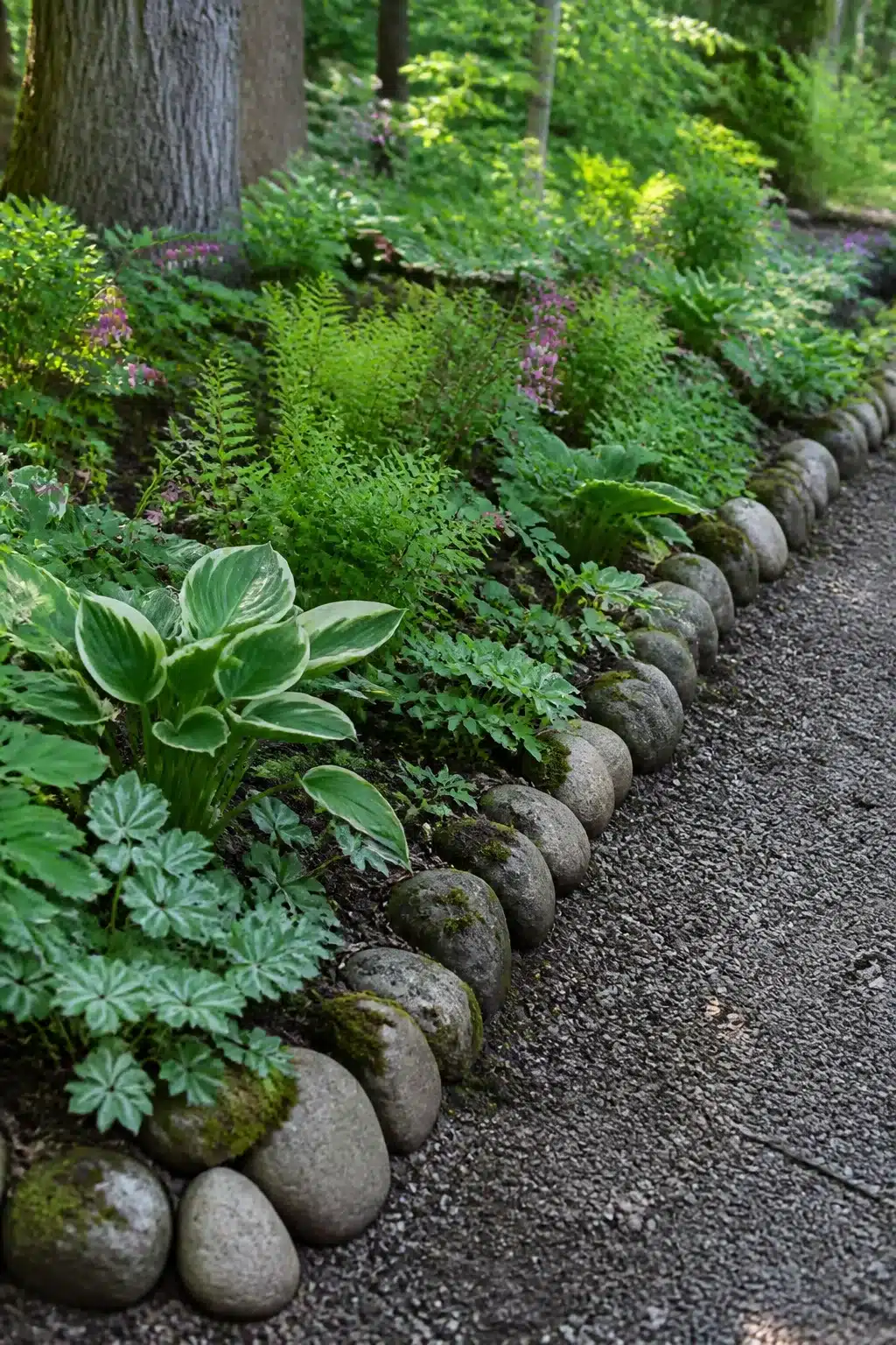 Round river rocks lining a gravel path through a lush shaded woodland garden — Woodland Garden Edging Ideas