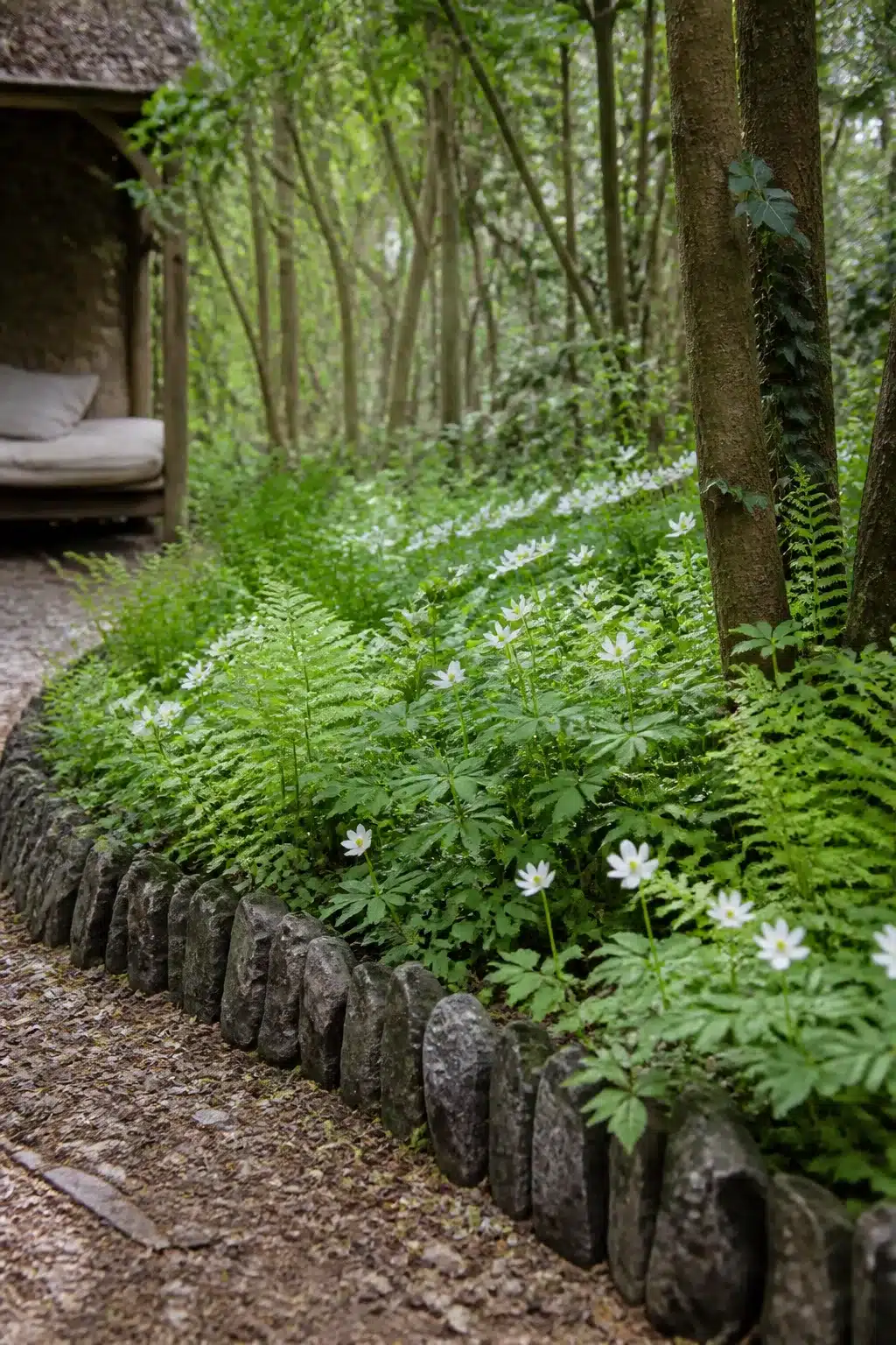 Upright flint stone woodland garden edging ideas with ferns and white wood anemones along a bark path