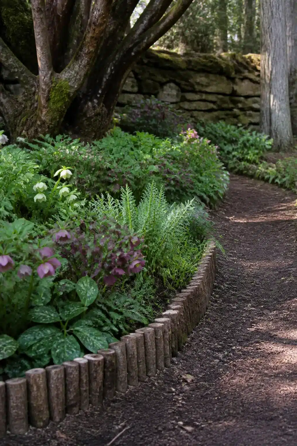 Chestnut paling edging bordering a shaded woodland garden path — natural woodland garden edging ideas with hellebores and ferns.
