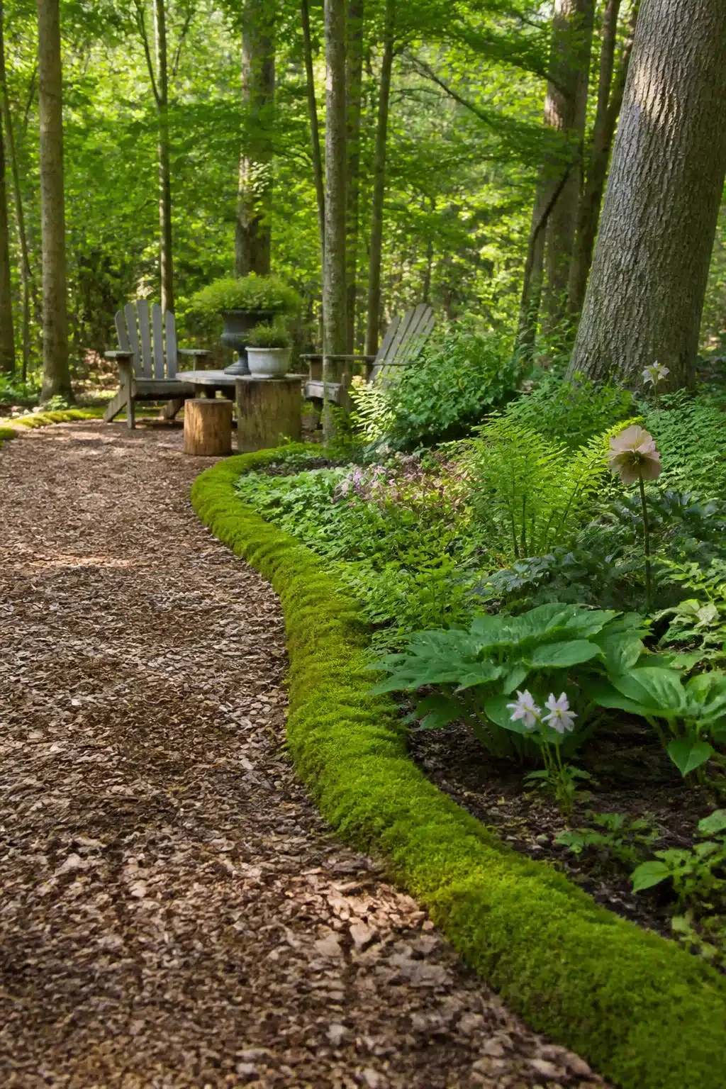 Rounded moss-covered log edging a wood chip path in a shaded woodland garden — natural woodland garden edging ideas