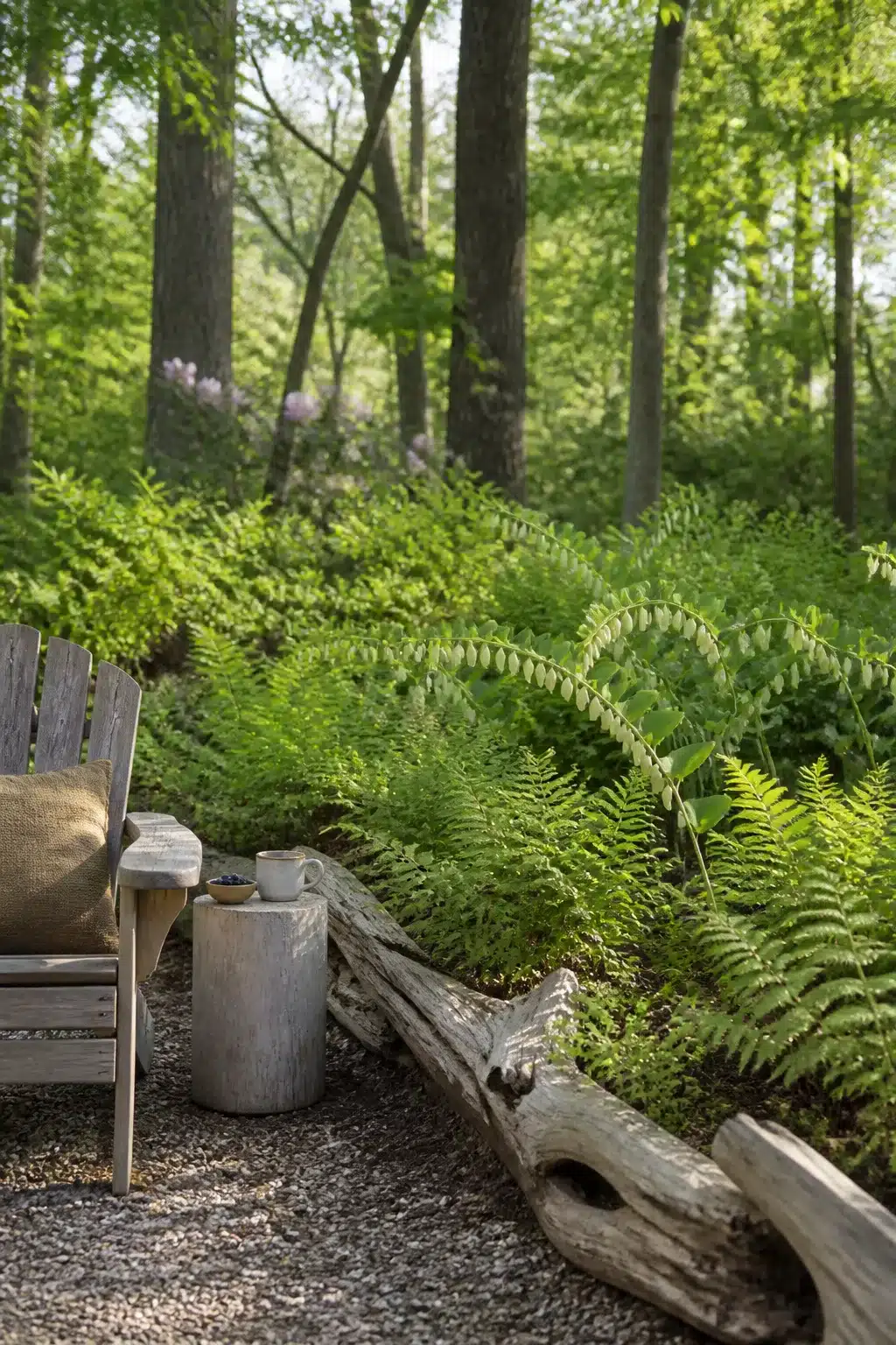 Weathered driftwood log edging a gravel woodland garden path bordered by lush ferns — natural woodland garden edging ideas.