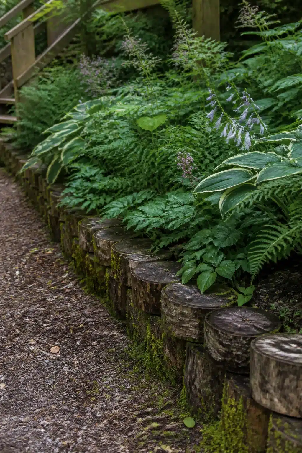 Stacked cord wood log round retaining edge with hostas and ferns — Woodland Garden Edging Ideas