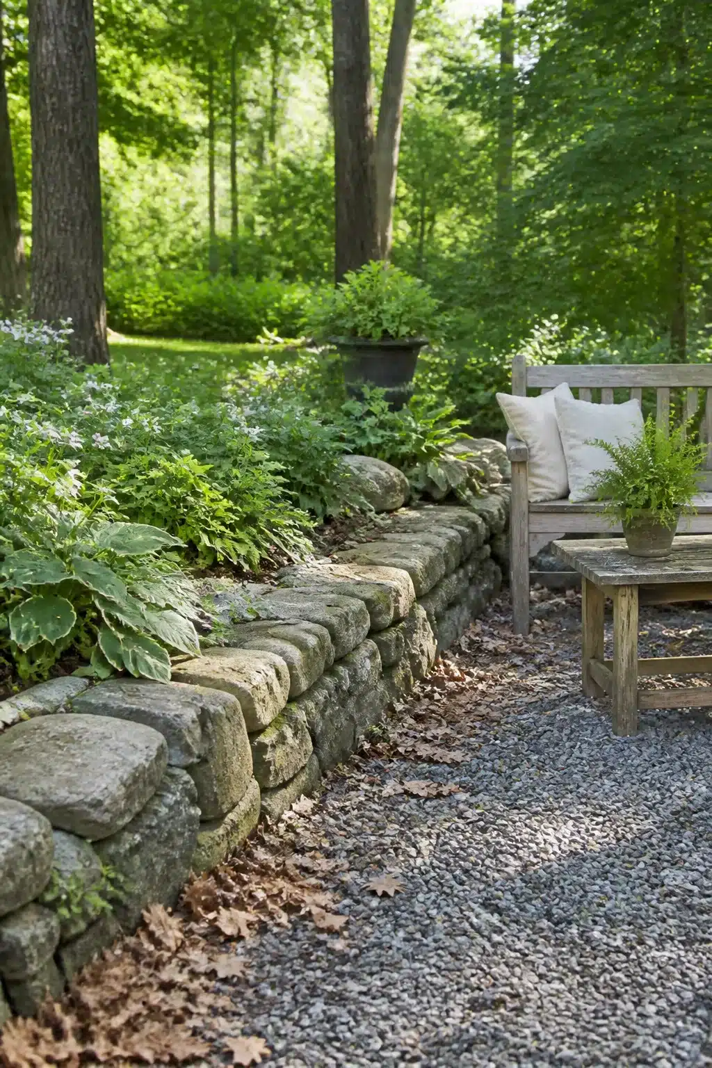 Dry-stack fieldstone retaining wall edging a woodland garden bed — Woodland Garden Edging Ideas with natural materials