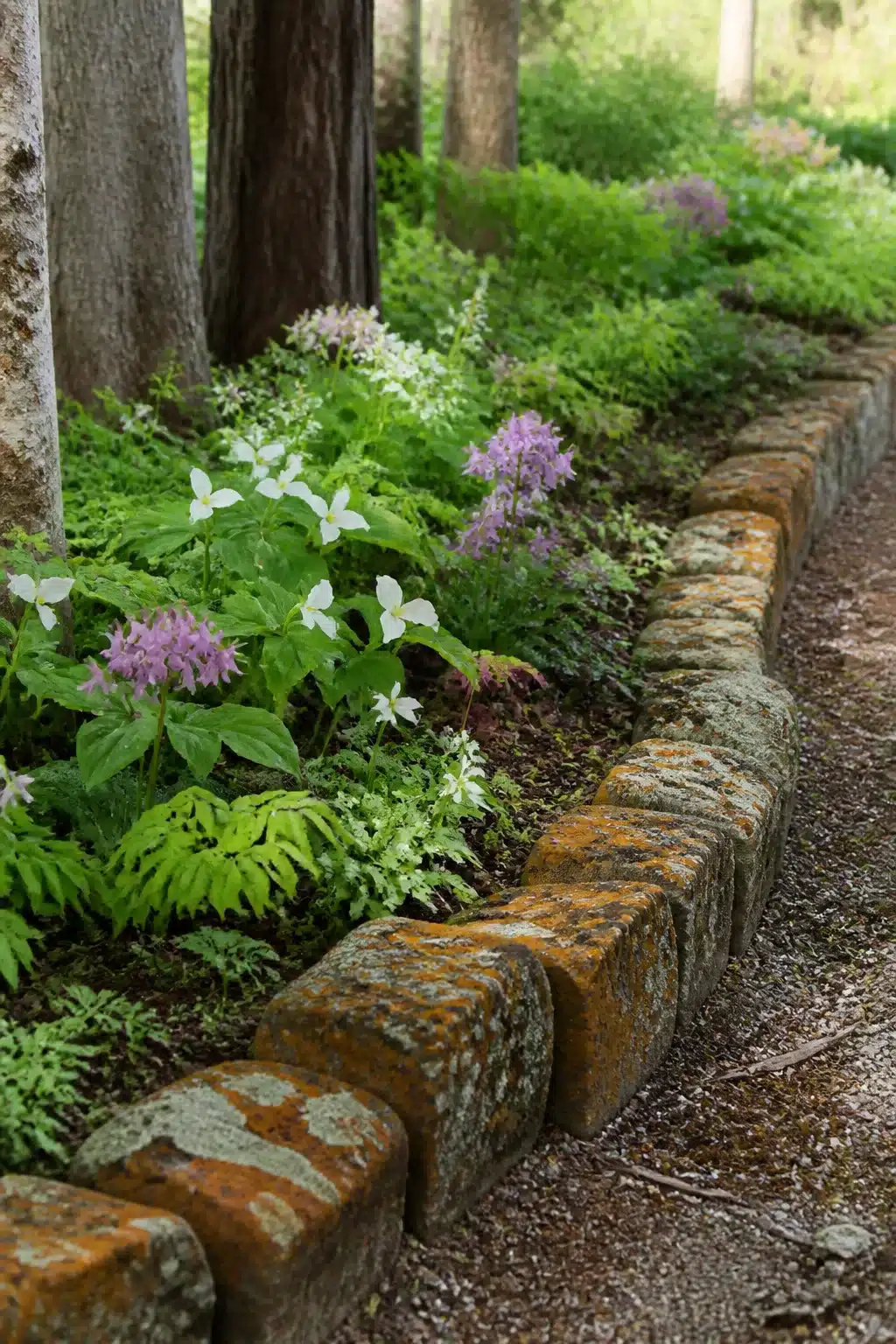 Lichen-covered sandstone block woodland garden edging ideas with trillium and ferns along a gravel path.