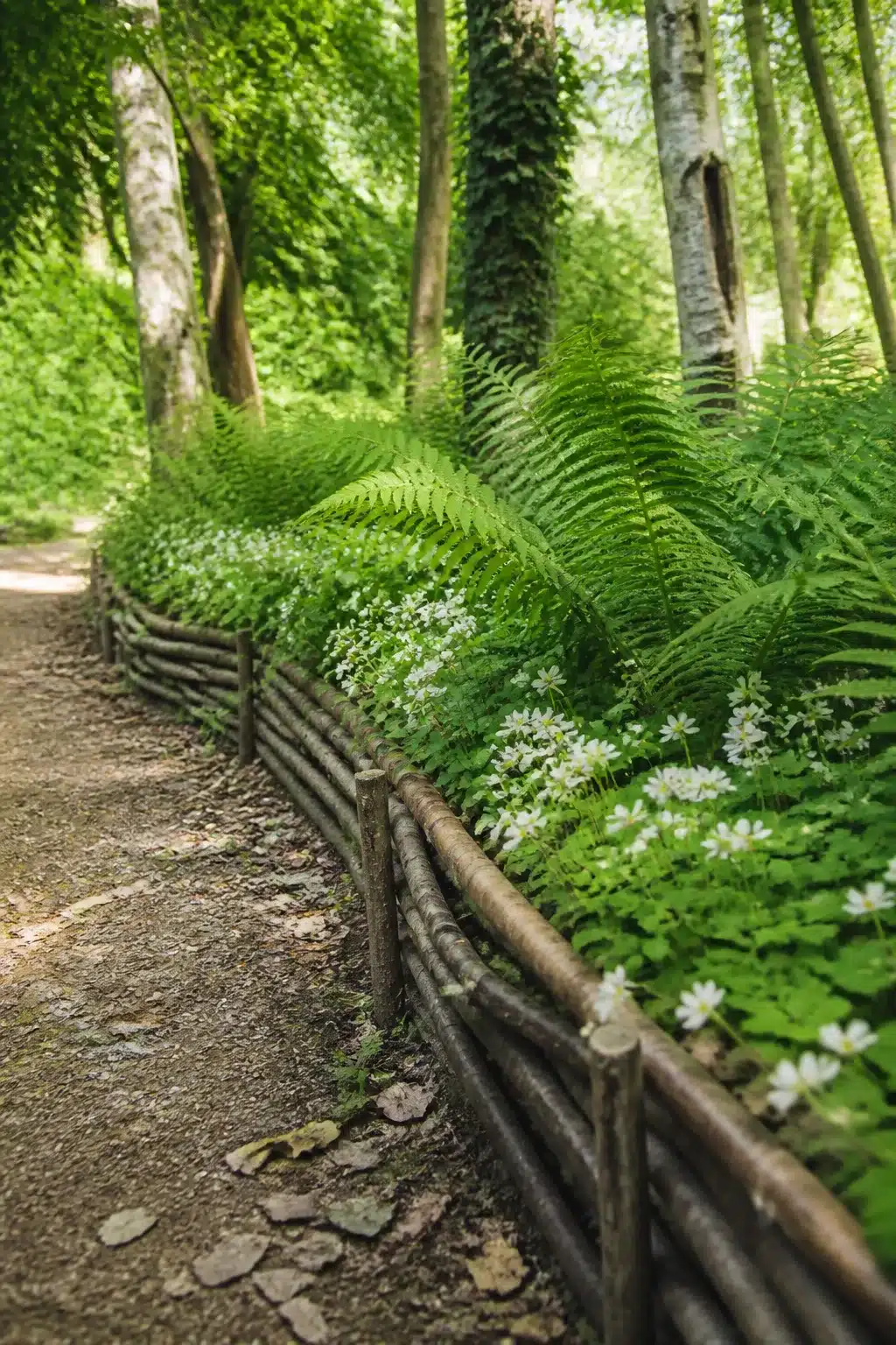 Bundled branch rail edging a woodland garden path with ferns and white flowers — natural woodland garden edging ideas.