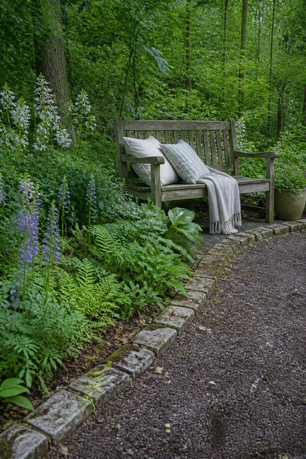 Granite sett woodland garden edging ideas with gravel path, ferns, and hostas under tree canopy