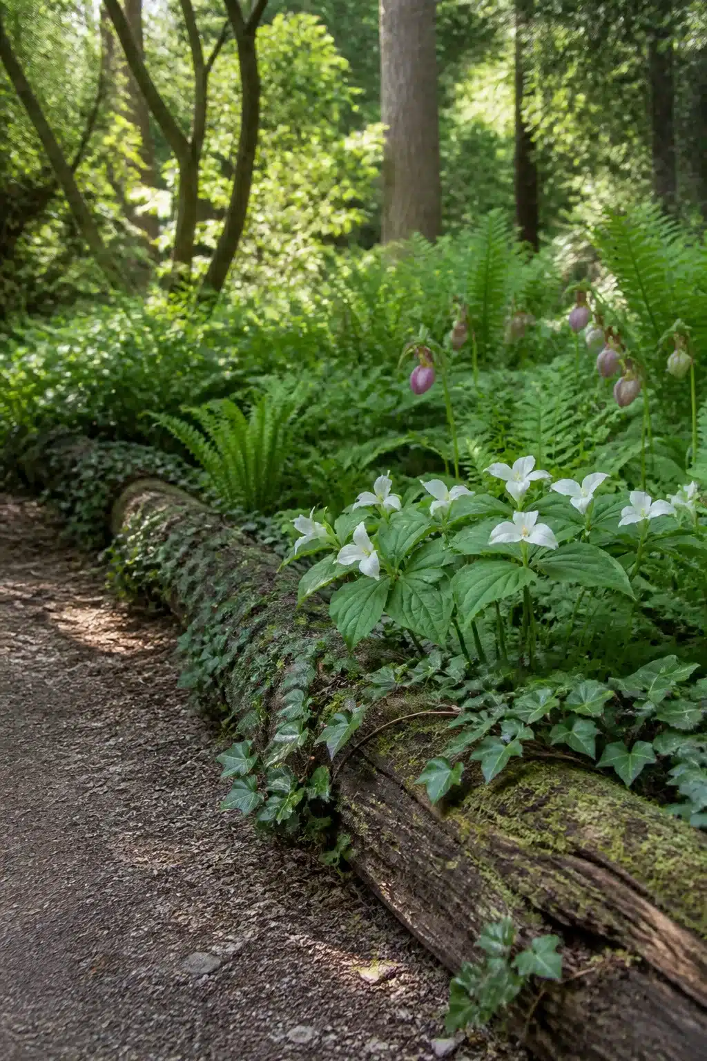 Ivy-covered log edging a woodland garden path with white trillium and ferns — natural woodland garden edging ideas