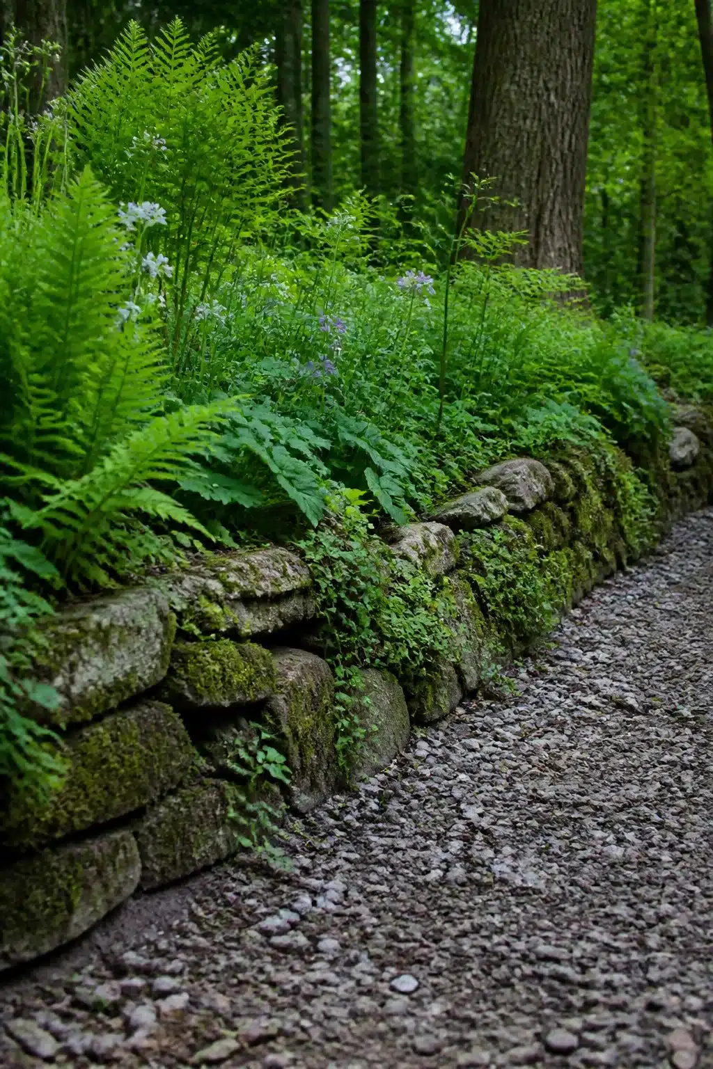 Moss-covered limestone wall with ferns and wildflowers — woodland garden edging ideas using natural stone materials
