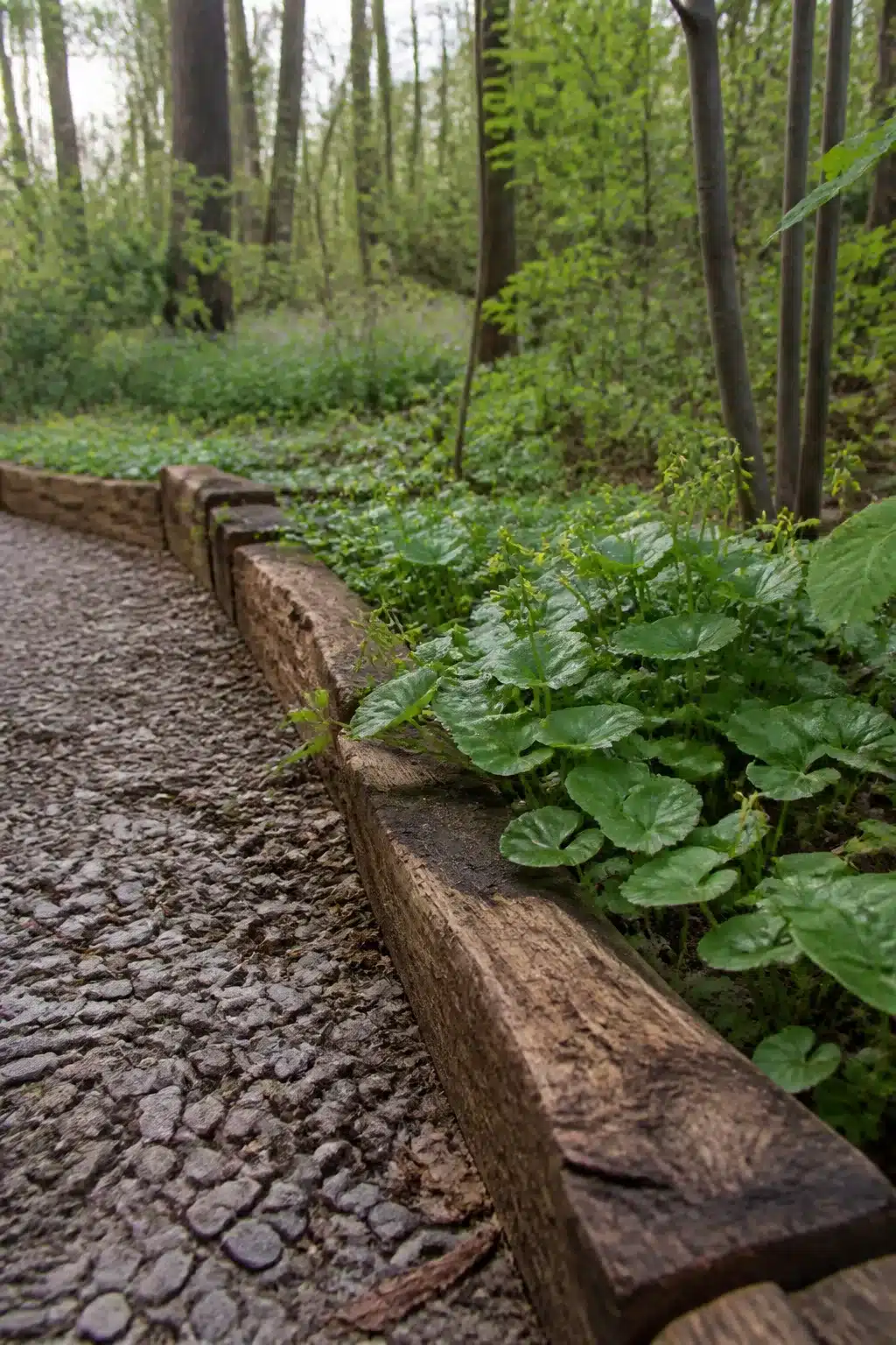 Rough-sawn timber rail edging along a cobblestone woodland garden path — woodland garden edging ideas
