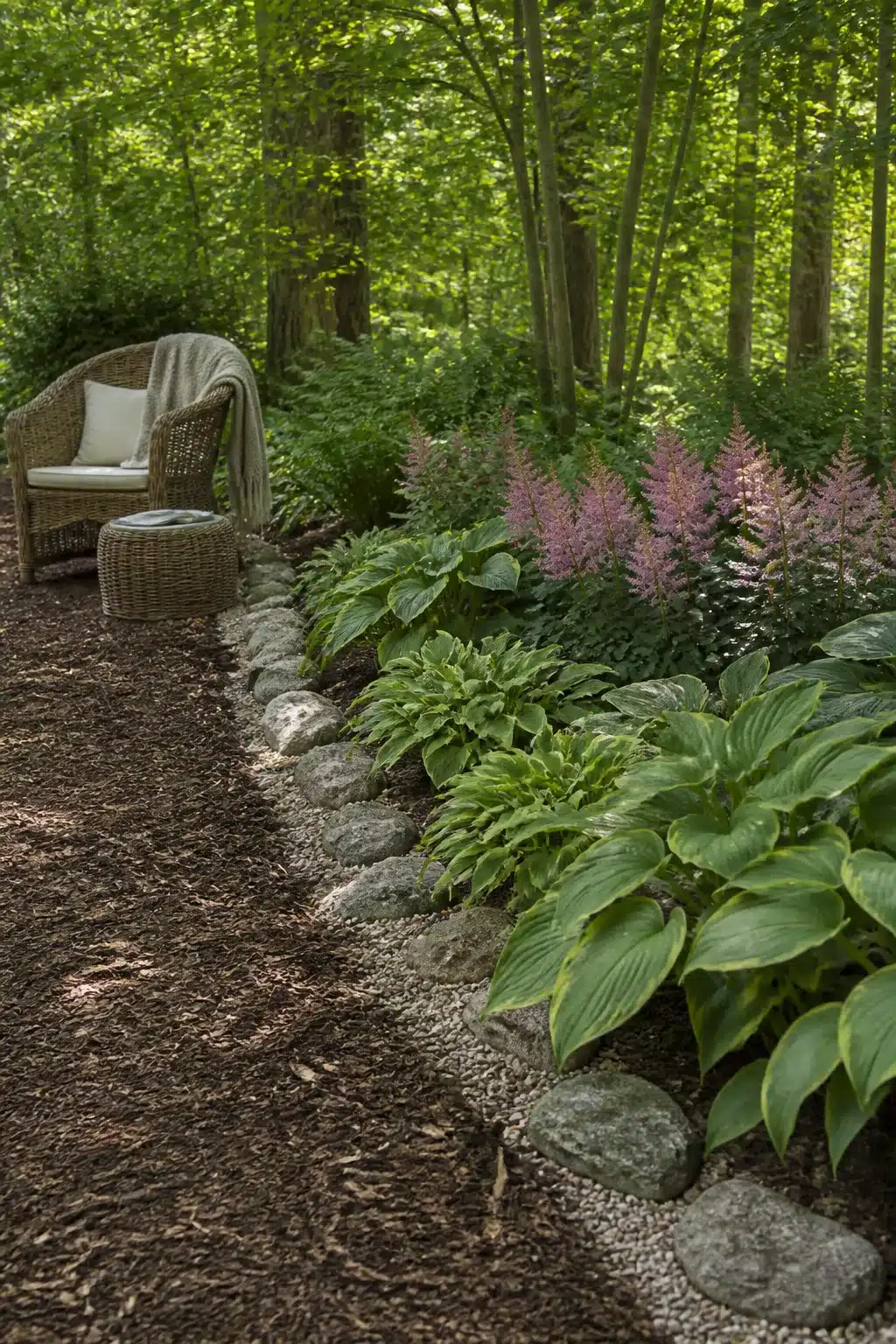 River rock and bark mulch woodland garden edging ideas with hostas and pink astilbe in a shaded border