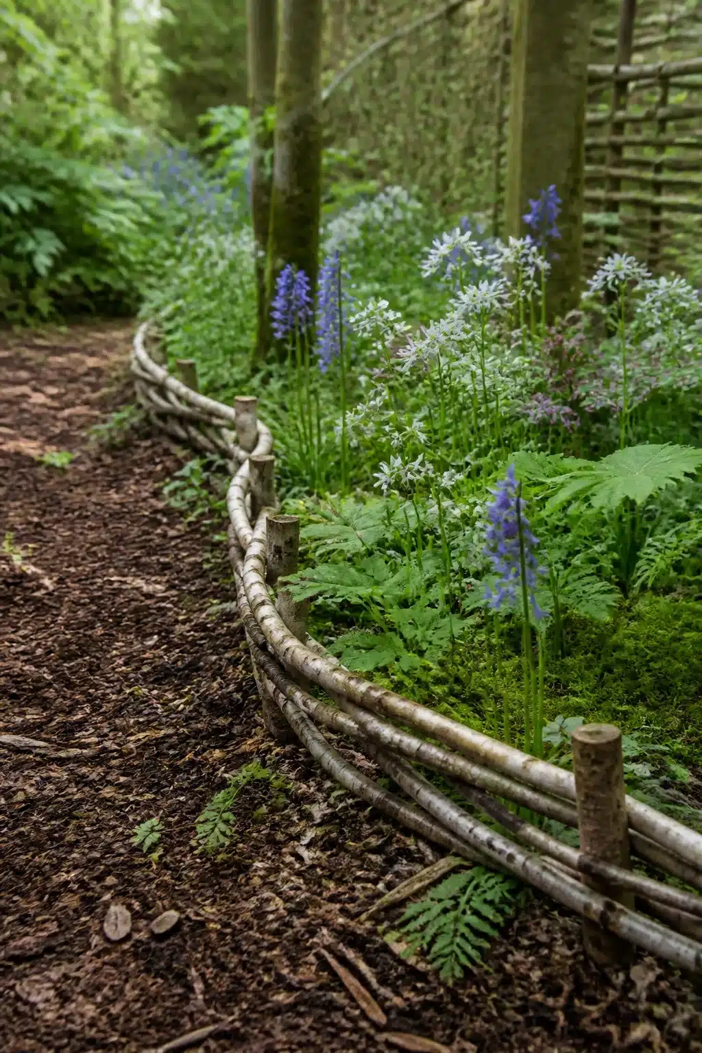 Woven birch branch wattle border edging a woodland garden bed — natural woodland garden edging ideas