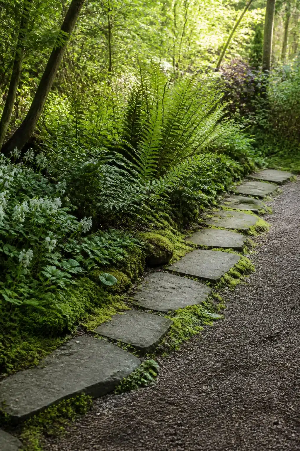 Flat stepping stone slabs edging a woodland garden path with ferns and gravel — Woodland Garden Edging Ideas