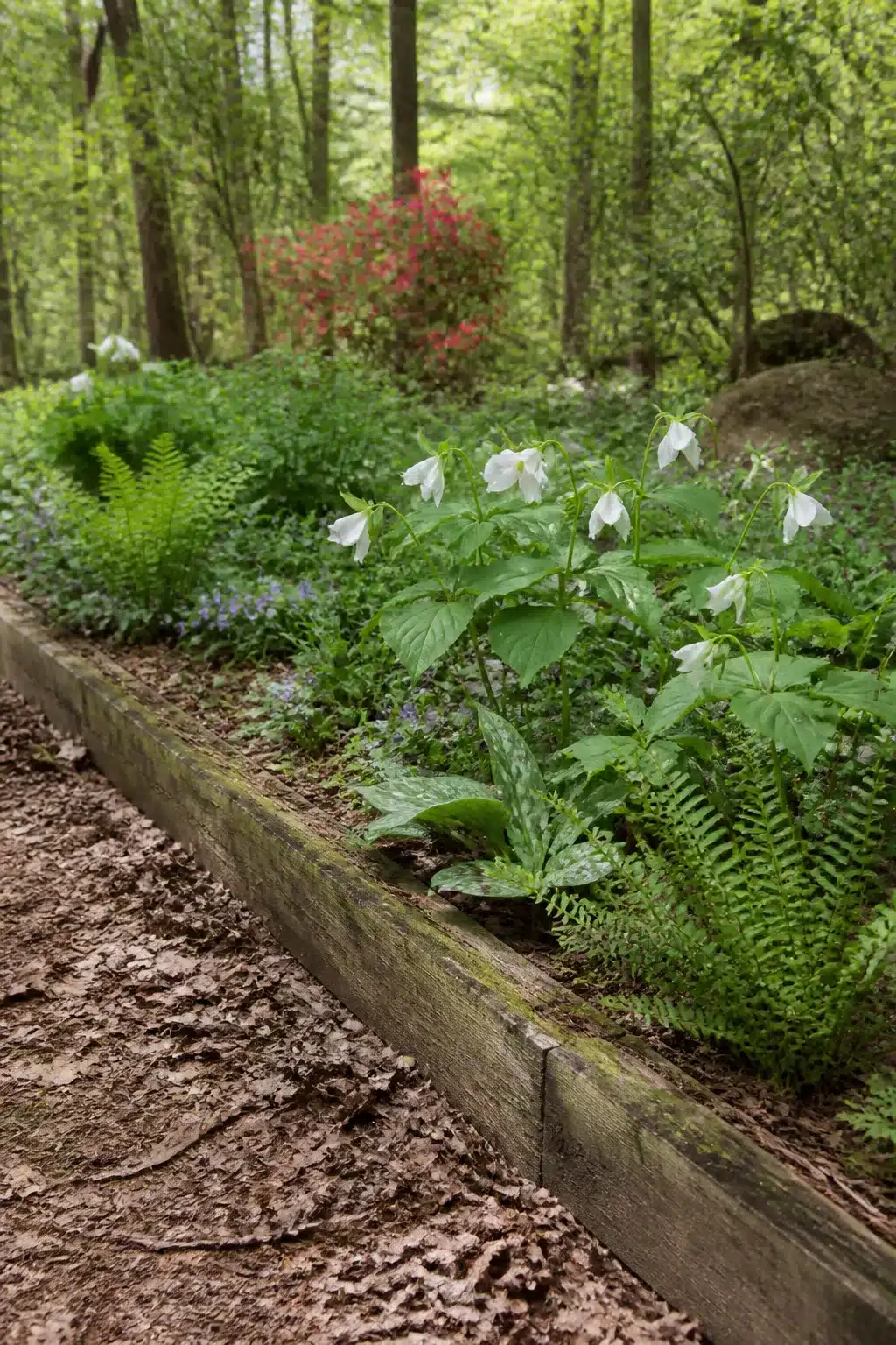 Woodland garden edging ideas using sunken timber sleepers alongside ferns and white hellebores on a bark chip path.