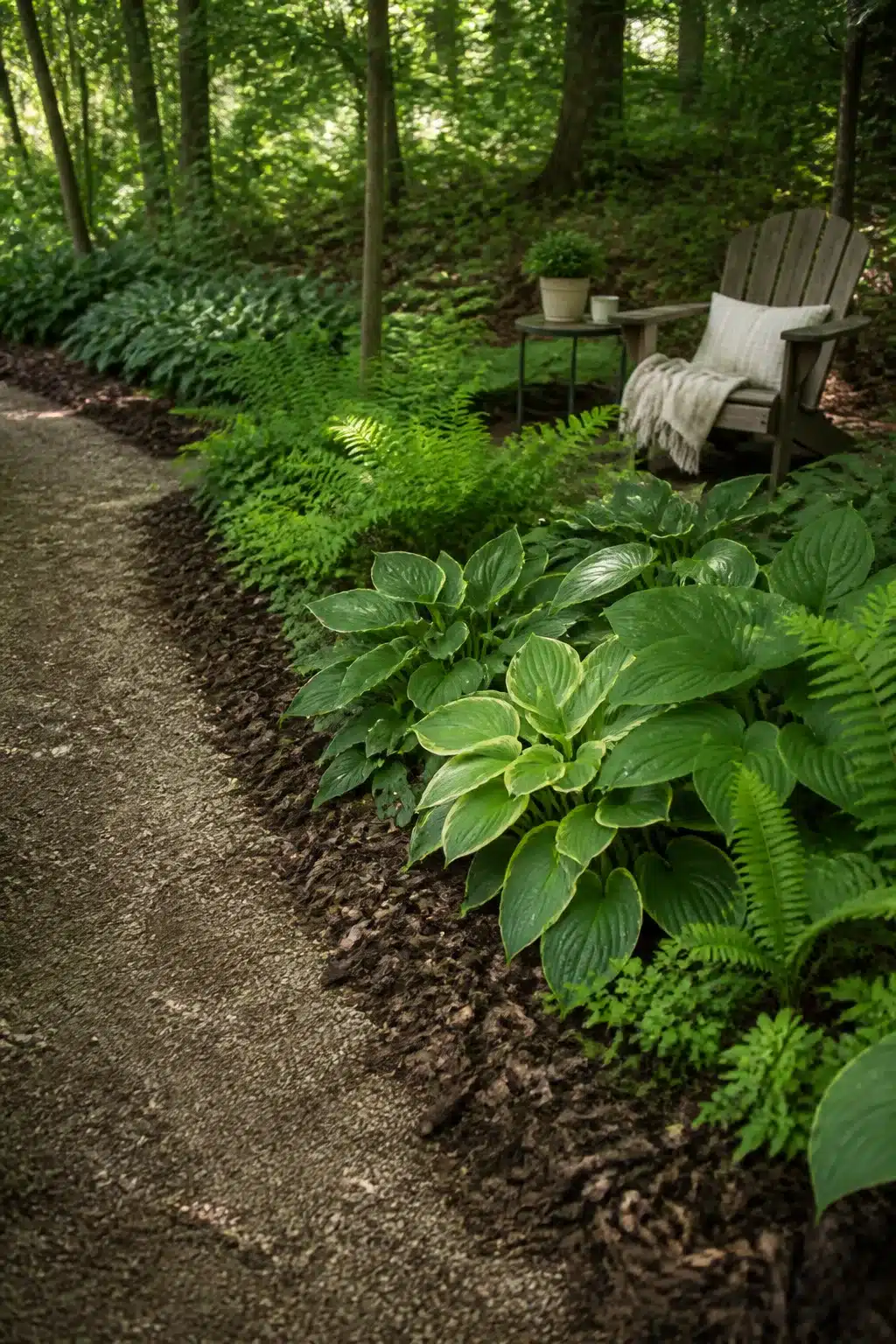 Woodland garden edging ideas using a dark bark chip trench border with hostas and ferns along a gravel path.