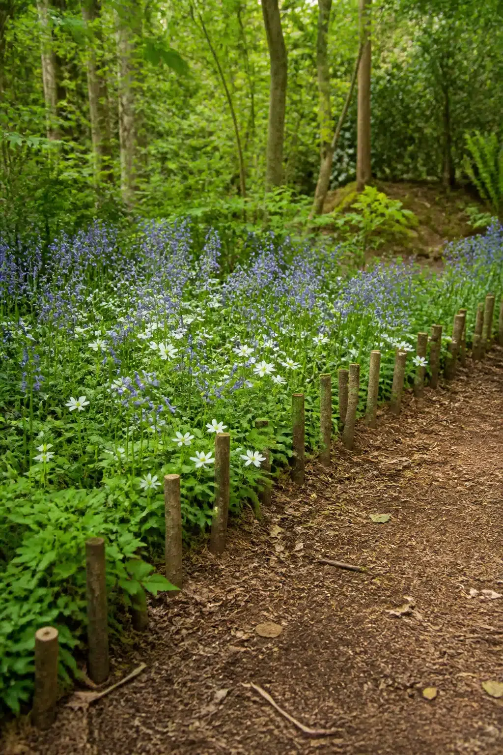 Hazel peg woodland garden edging ideas with bark chip path and bluebell planting in a shaded wood