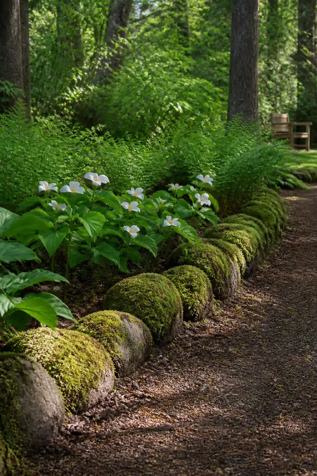 Moss-covered cobblestone boulder row edging a woodland garden path — Woodland Garden Edging Ideas