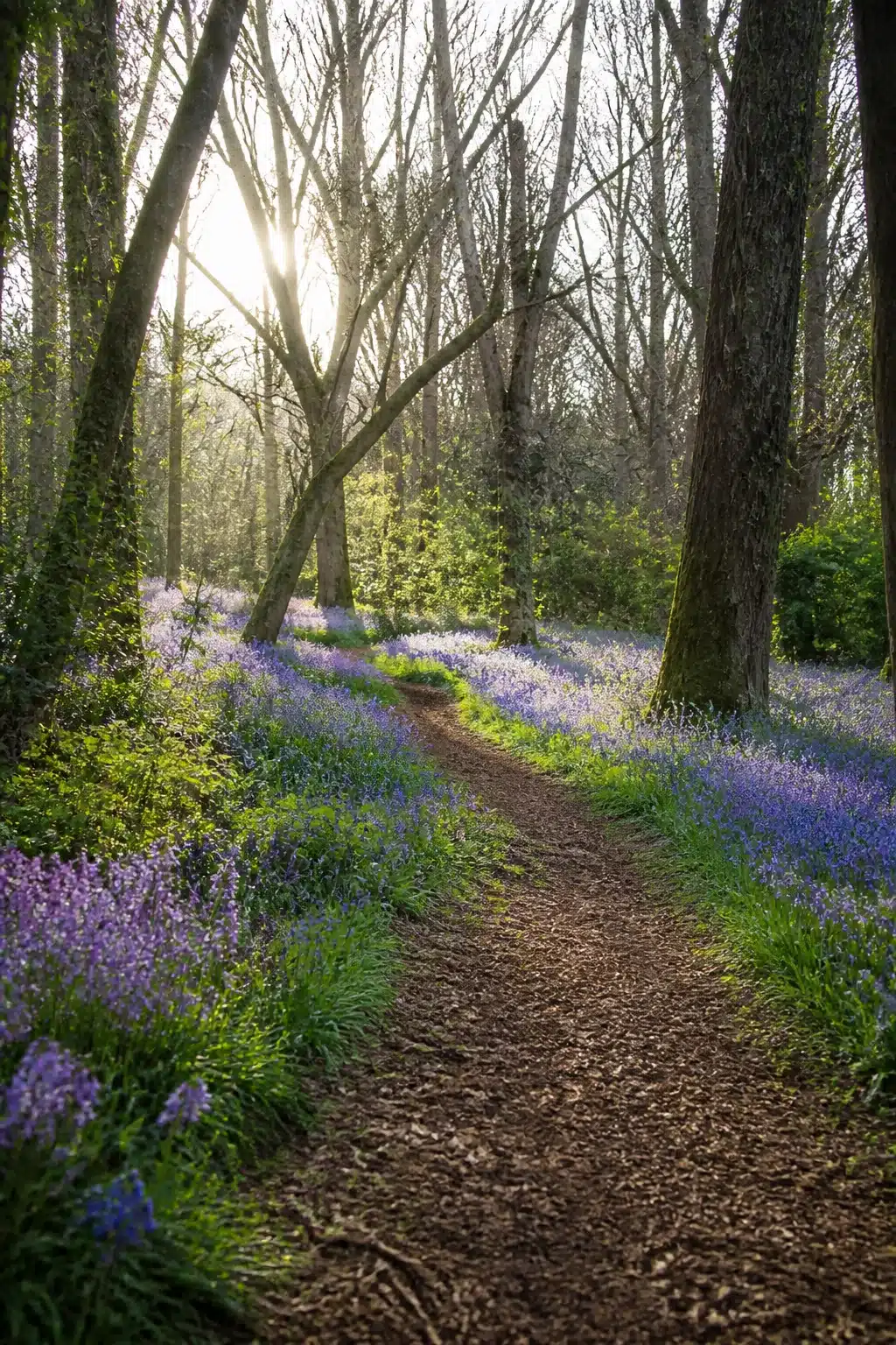 Bluebell woodland garden path with flowers lining a bark chip trail through spring trees at golden hour