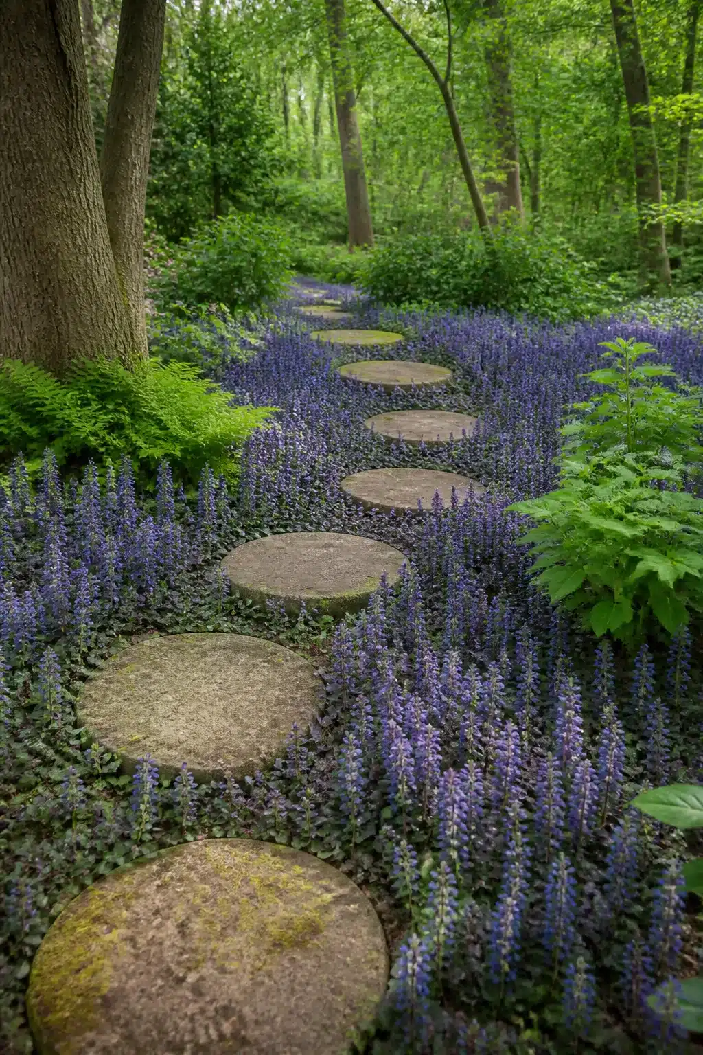 Round stepping stones through blooming ajuga ground cover — woodland garden paths with flowers in dappled shade