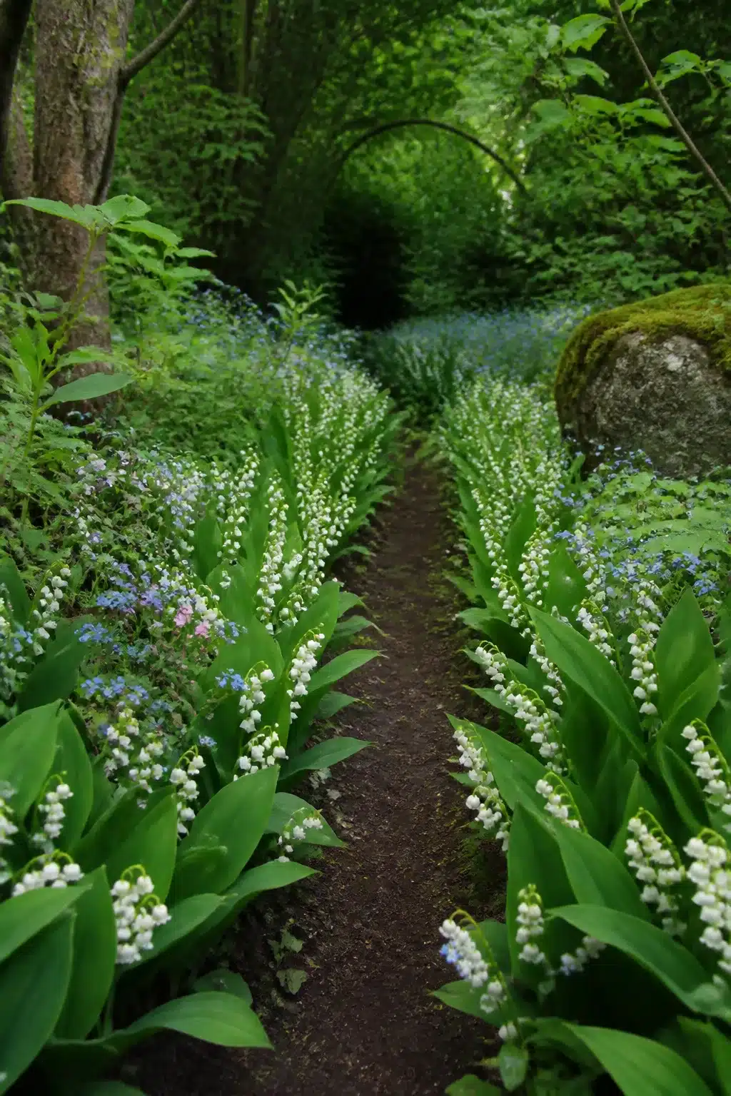 Woodland garden path with flowers — lily of the valley lining a bare earth trail through a shaded forest