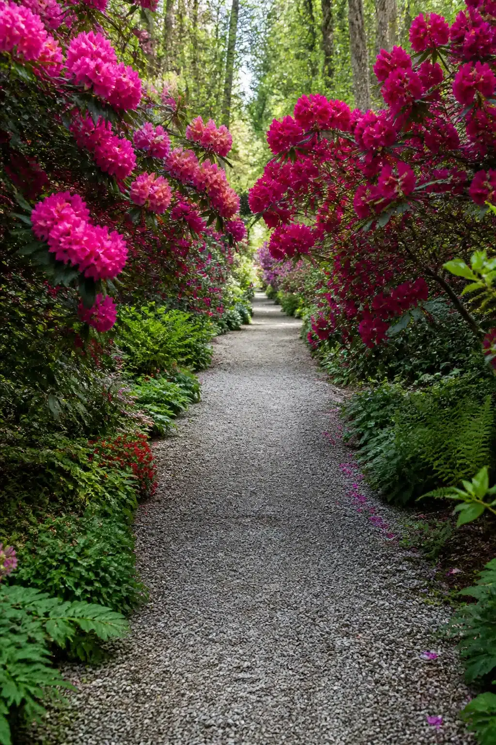 Woodland garden path with flowers — hot pink rhododendrons arching over a gravel walk lined with ferns