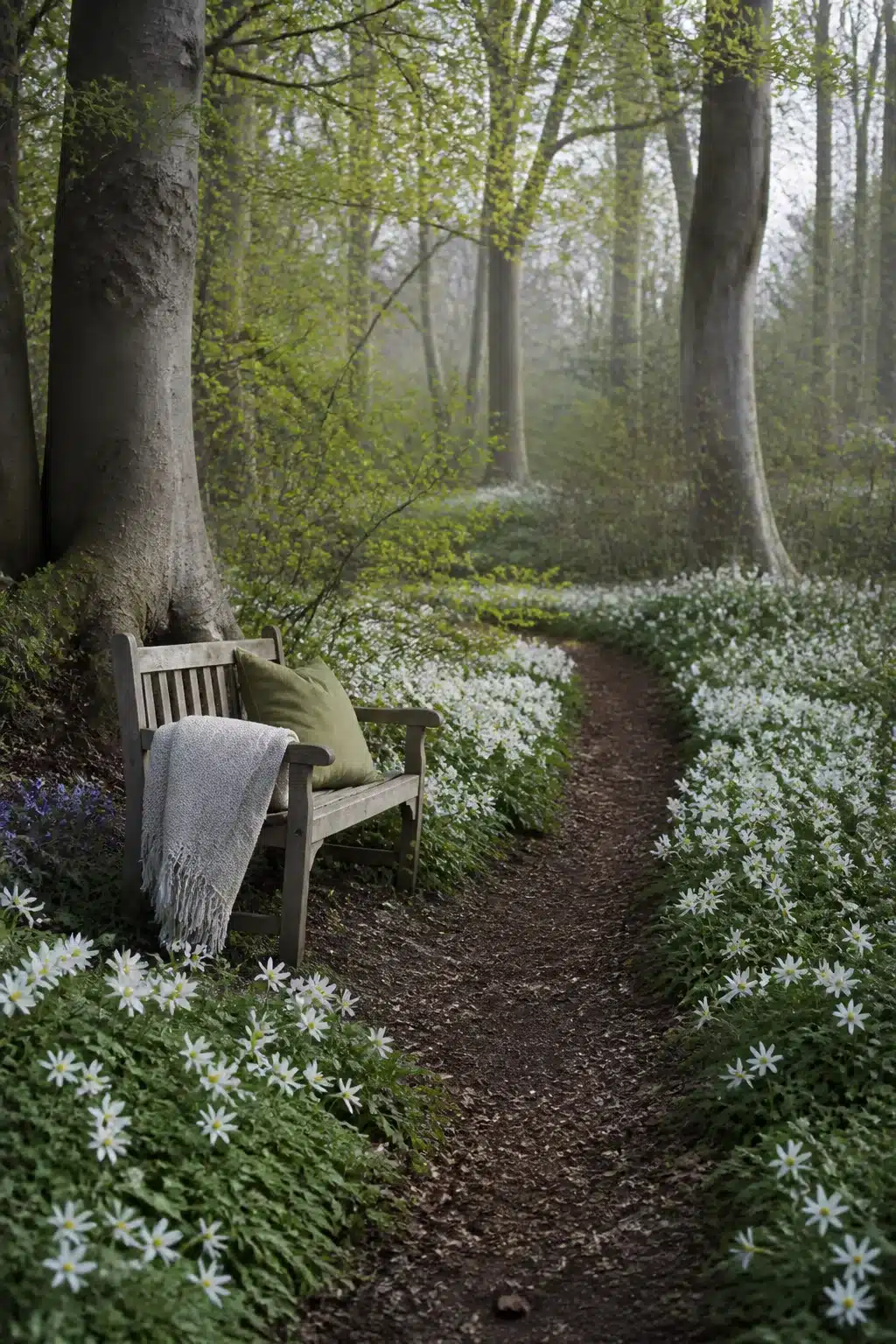 White anemone drifts lining a winding bare earth woodland garden path with flowers through misty beech trees