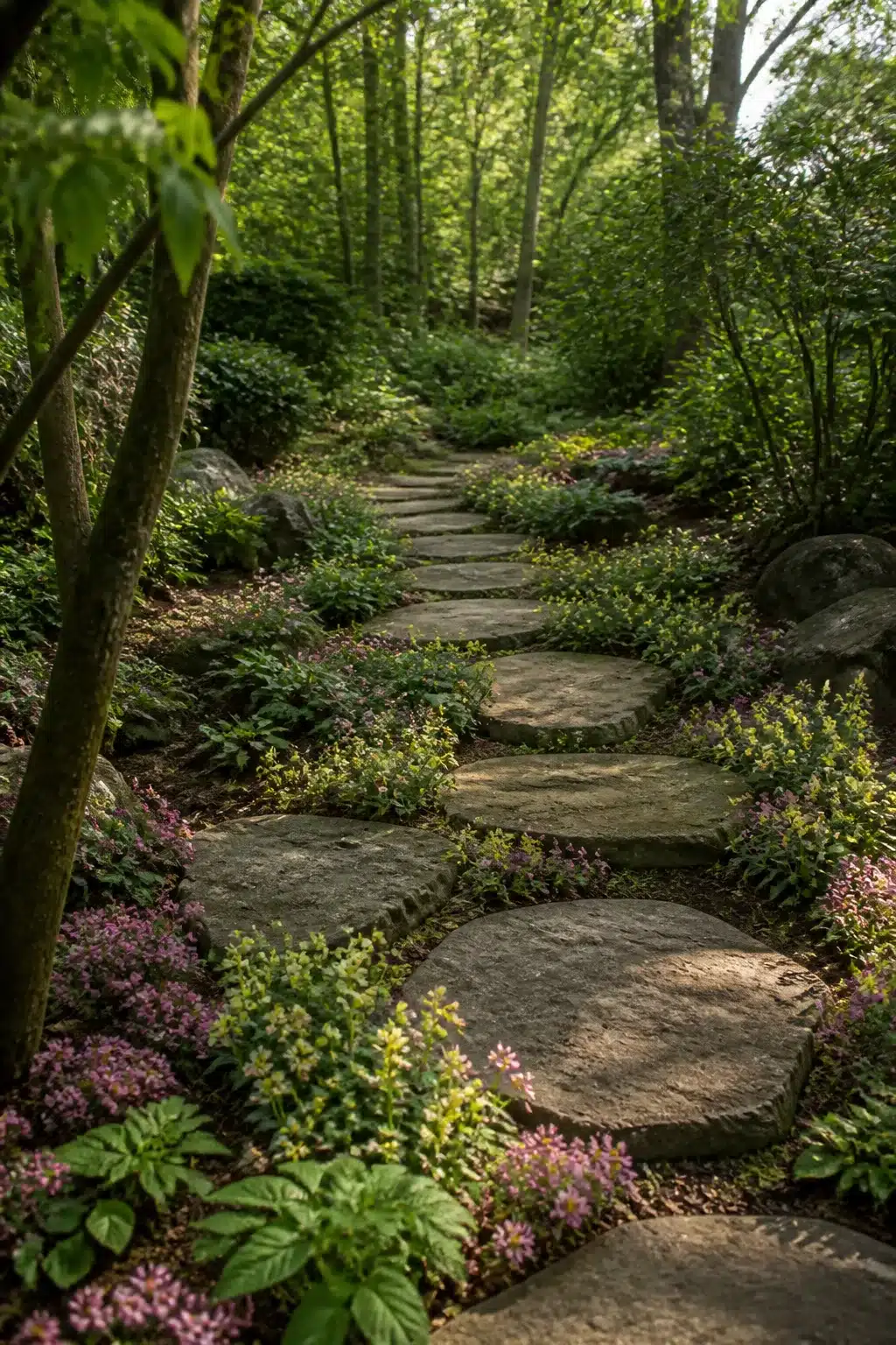 Large flagstone woodland garden path with flowers and pink creeping ground cover lining every step