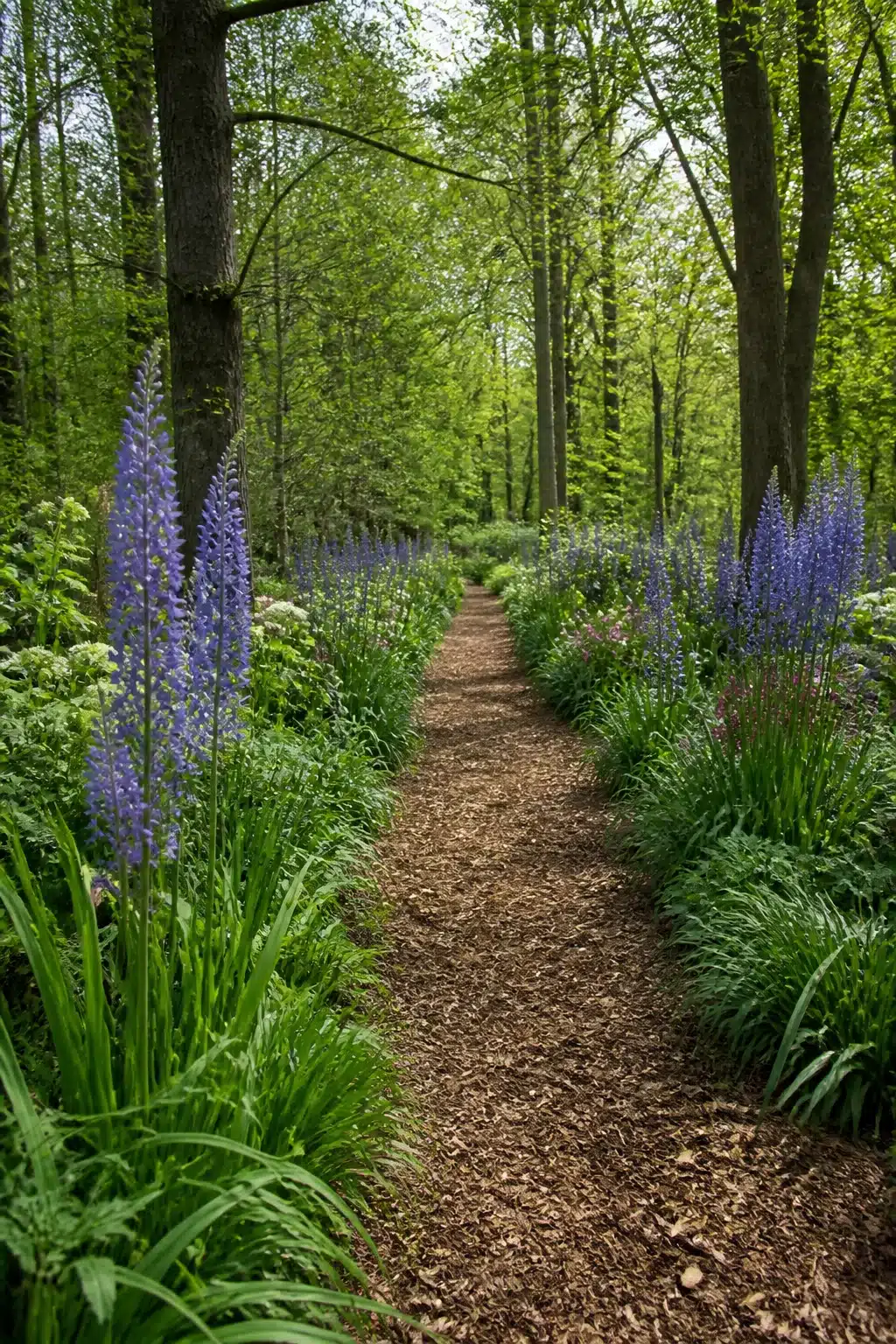 Camassia spikes lining a bark chip woodland garden path with flowers under a tree canopy