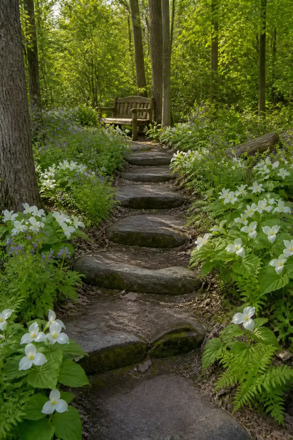 Woodland garden path with flowers — trillium blooms and flat stepping stones winding through a shaded forest floor.